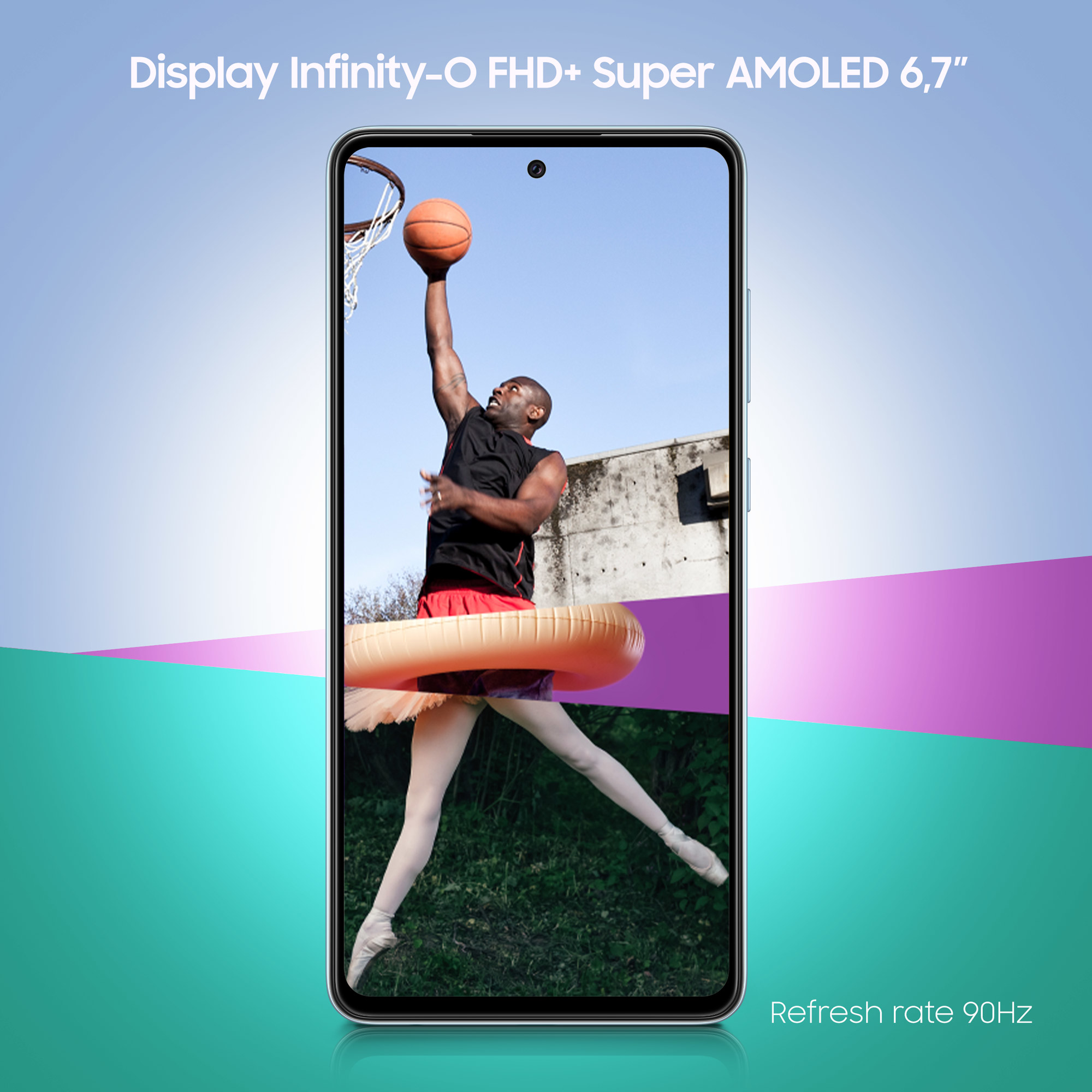 Auf einem Telefonbildschirm sieht man einen Mann, der einen Basketball eintaucht, eine Ballerina unter einem Ring.