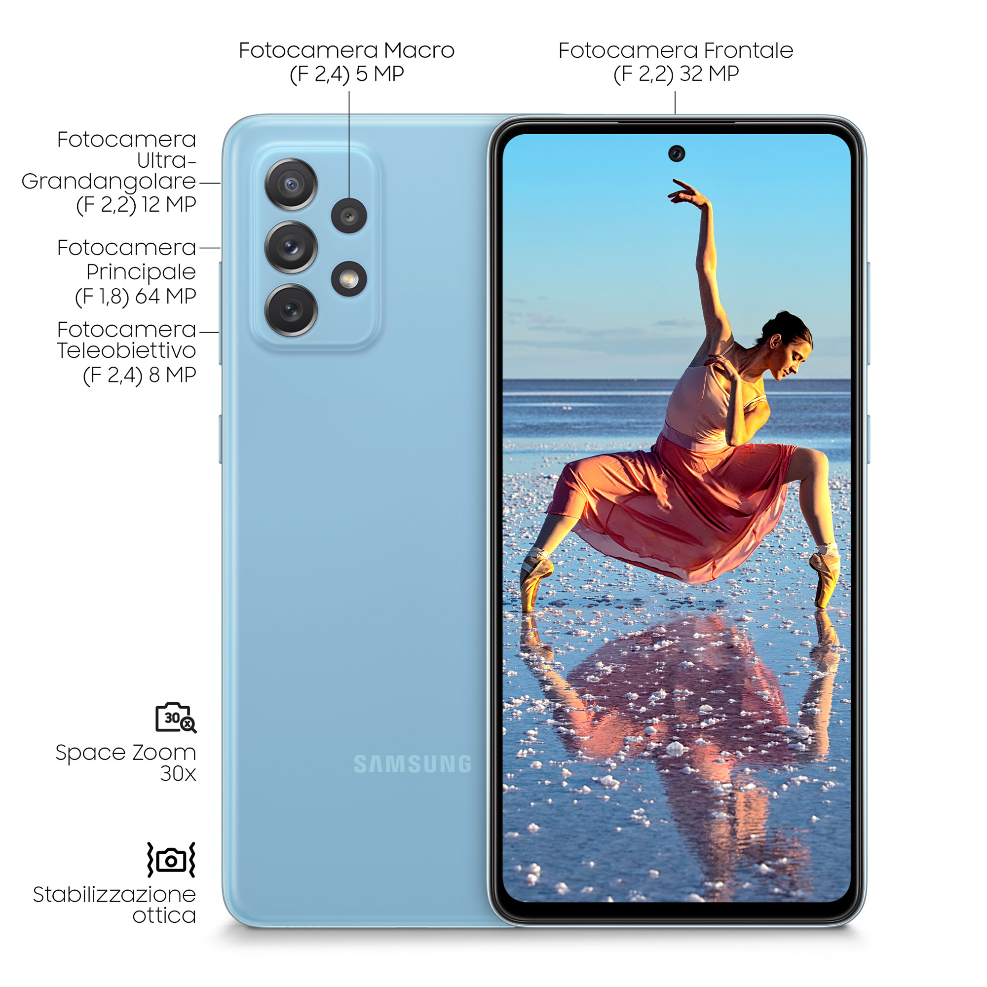 Hellblaues Smartphone, Rückseite und Bildschirm mit Tänzerin, weißer Hintergrund.