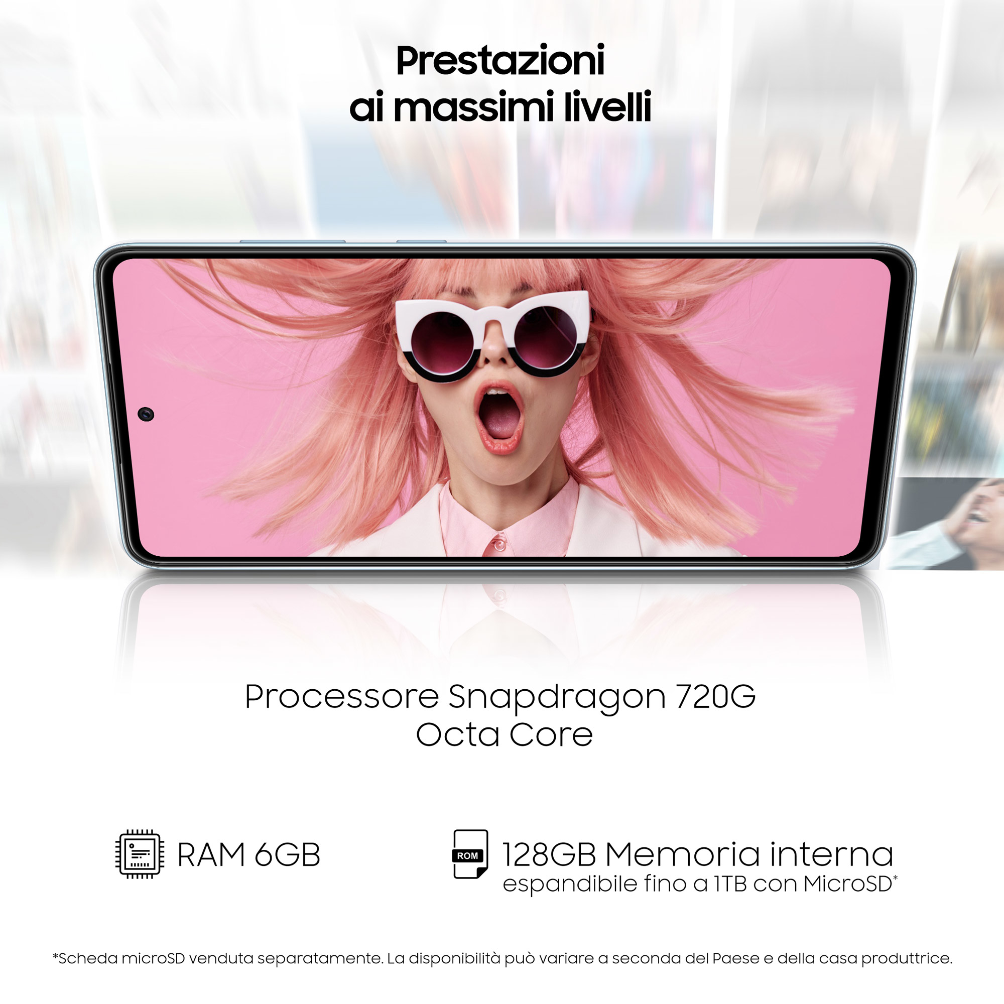 Samsung-Telefon mit offenem Mund einer Frau auf dem Bildschirm. Text: Snapdragon 720G, 6GB RAM, 128GB Speicher.
