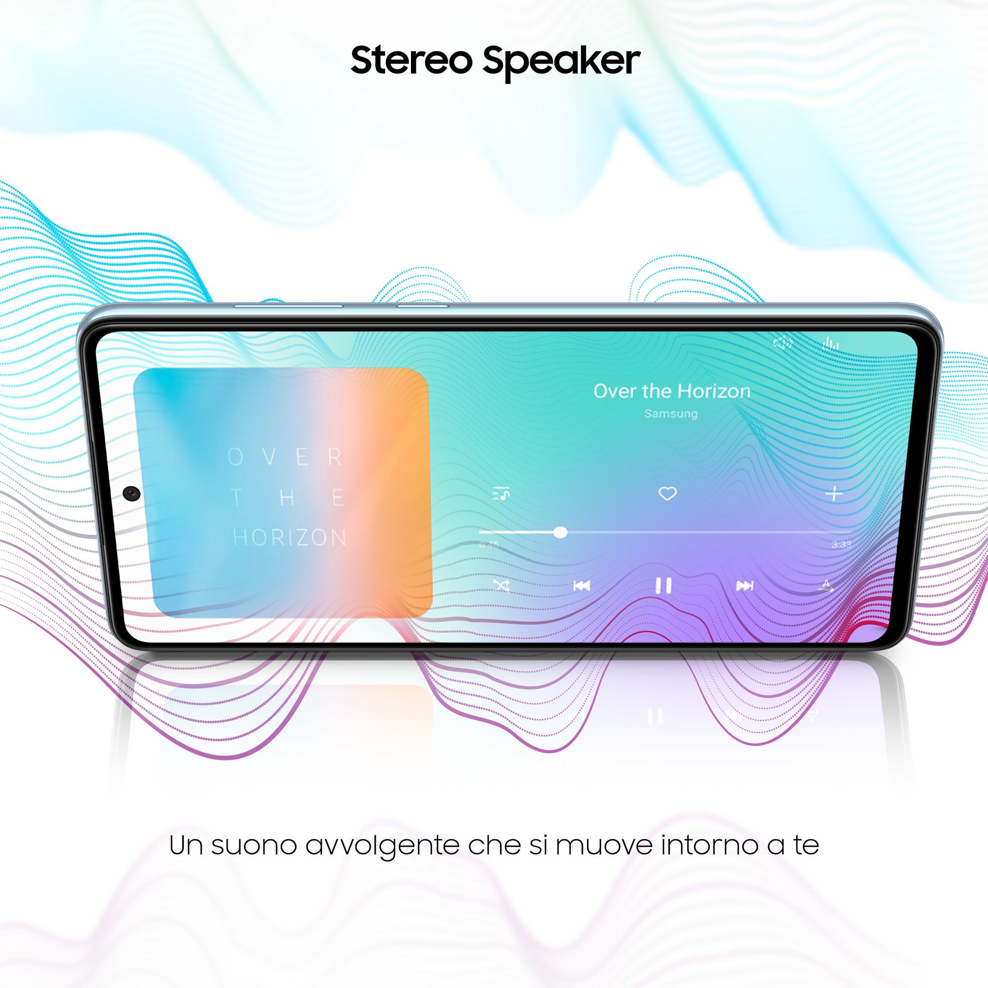 Smartphone mit Musik-Oberfläche und farbigem Hintergrund, im Querformat.