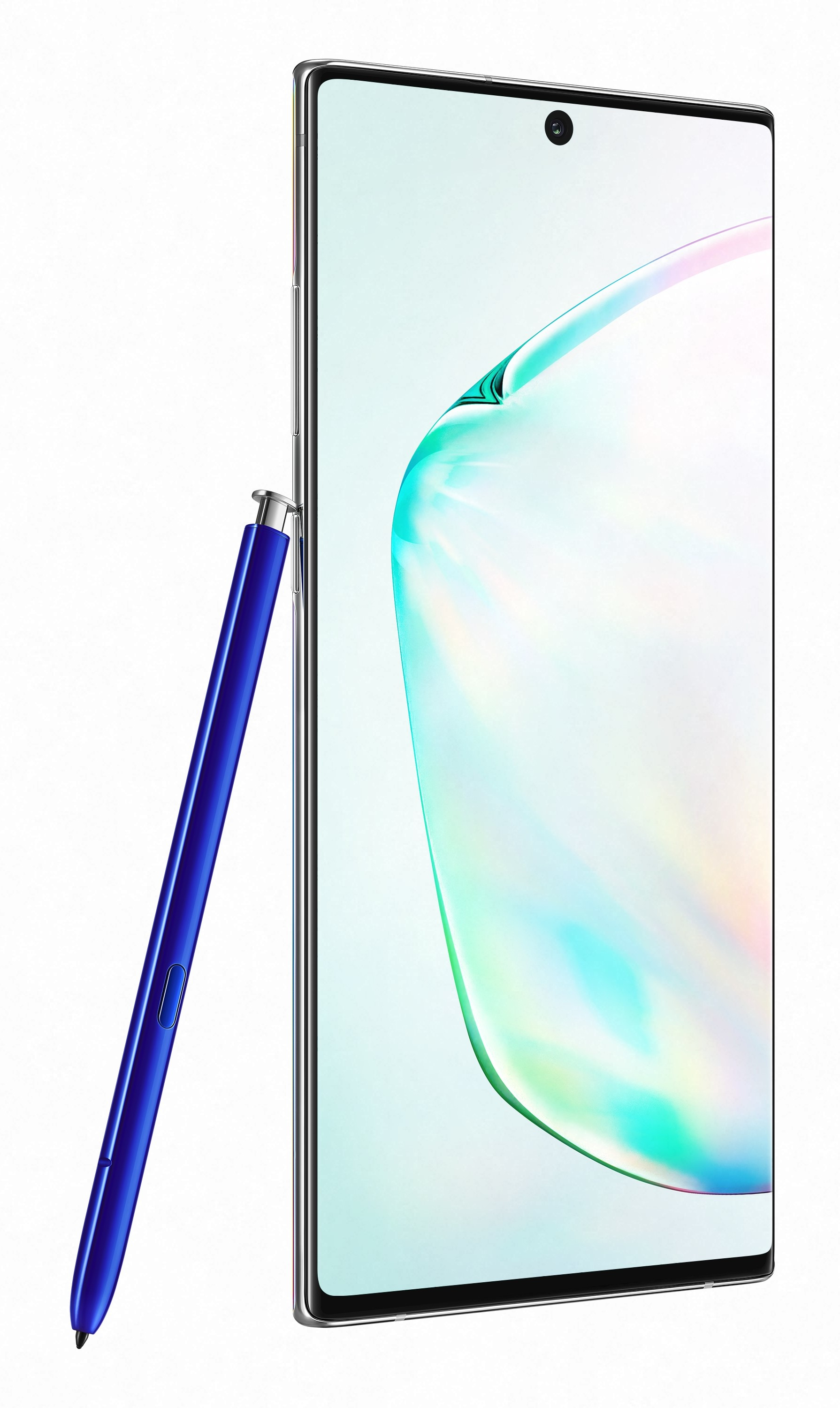 Schwarzes Telefon mit blauem Stift. Weißer Hintergrund.