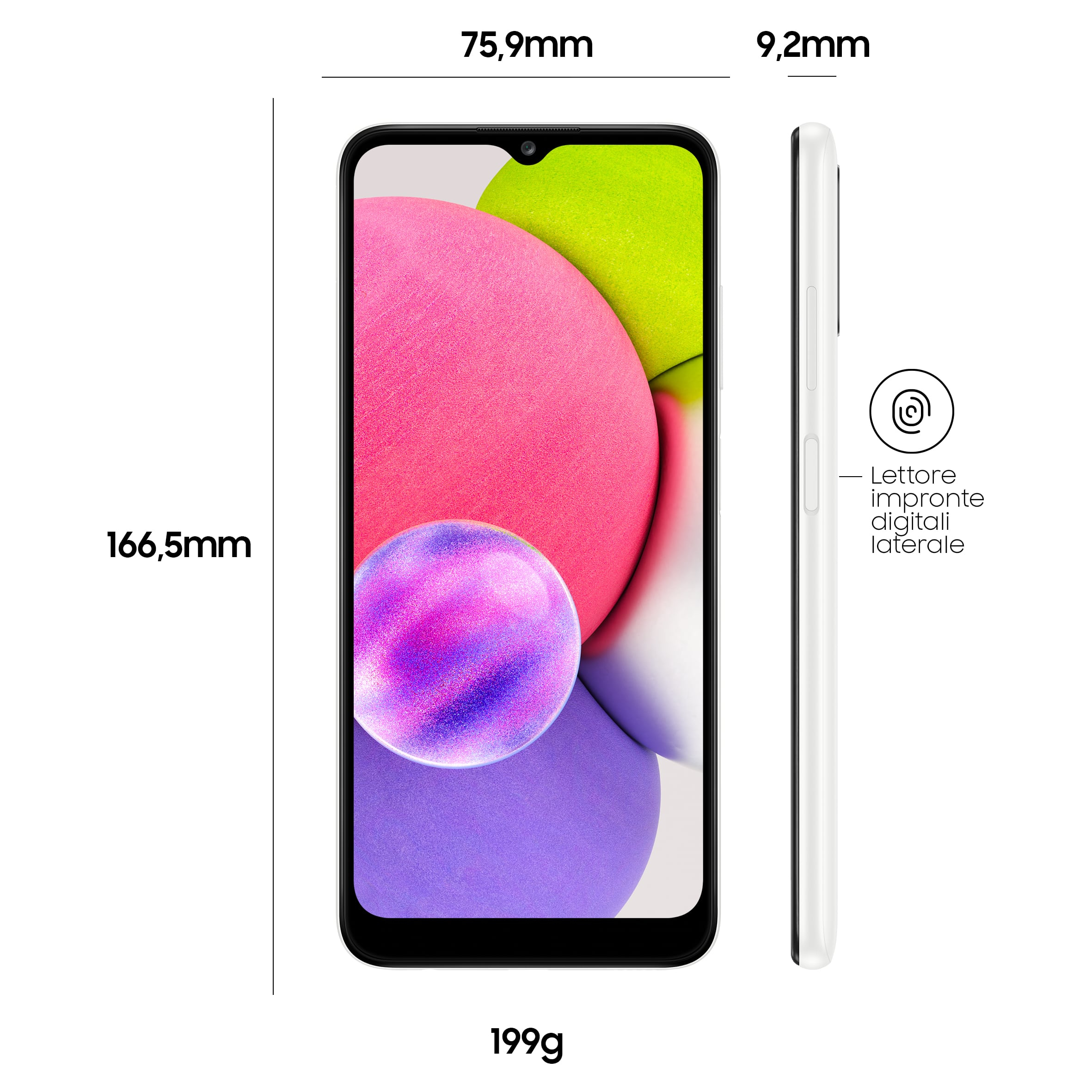 Smartphone-Abmessungen gezeigt. Das Telefon ist weiß, mit einem rosa und grünen Bildschirm. Weißer Hintergrund.
