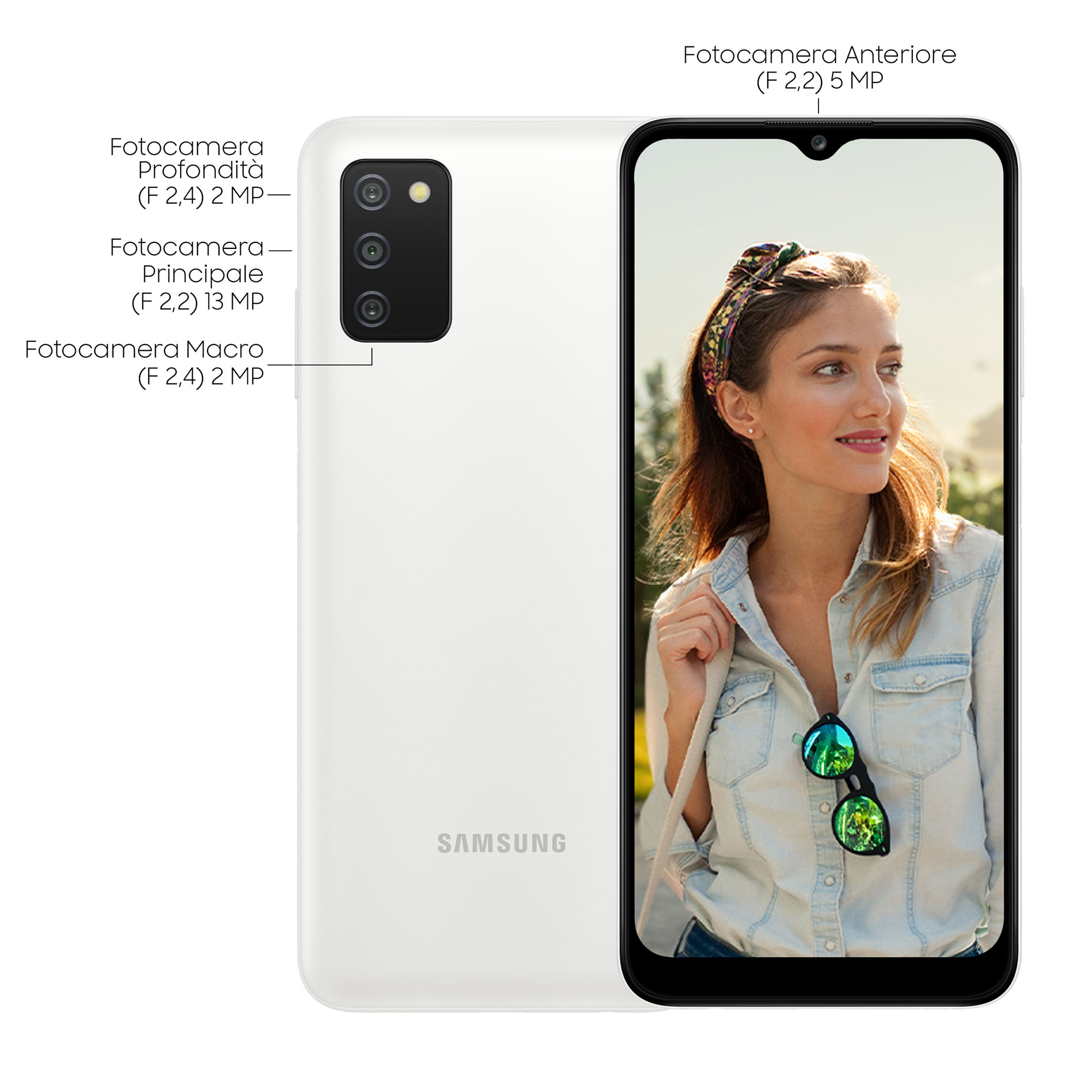 Weißes Samsung-Telefon mit einer Frau auf dem Bildschirm. Es hat drei Kameras und ein Samsung-Logo.