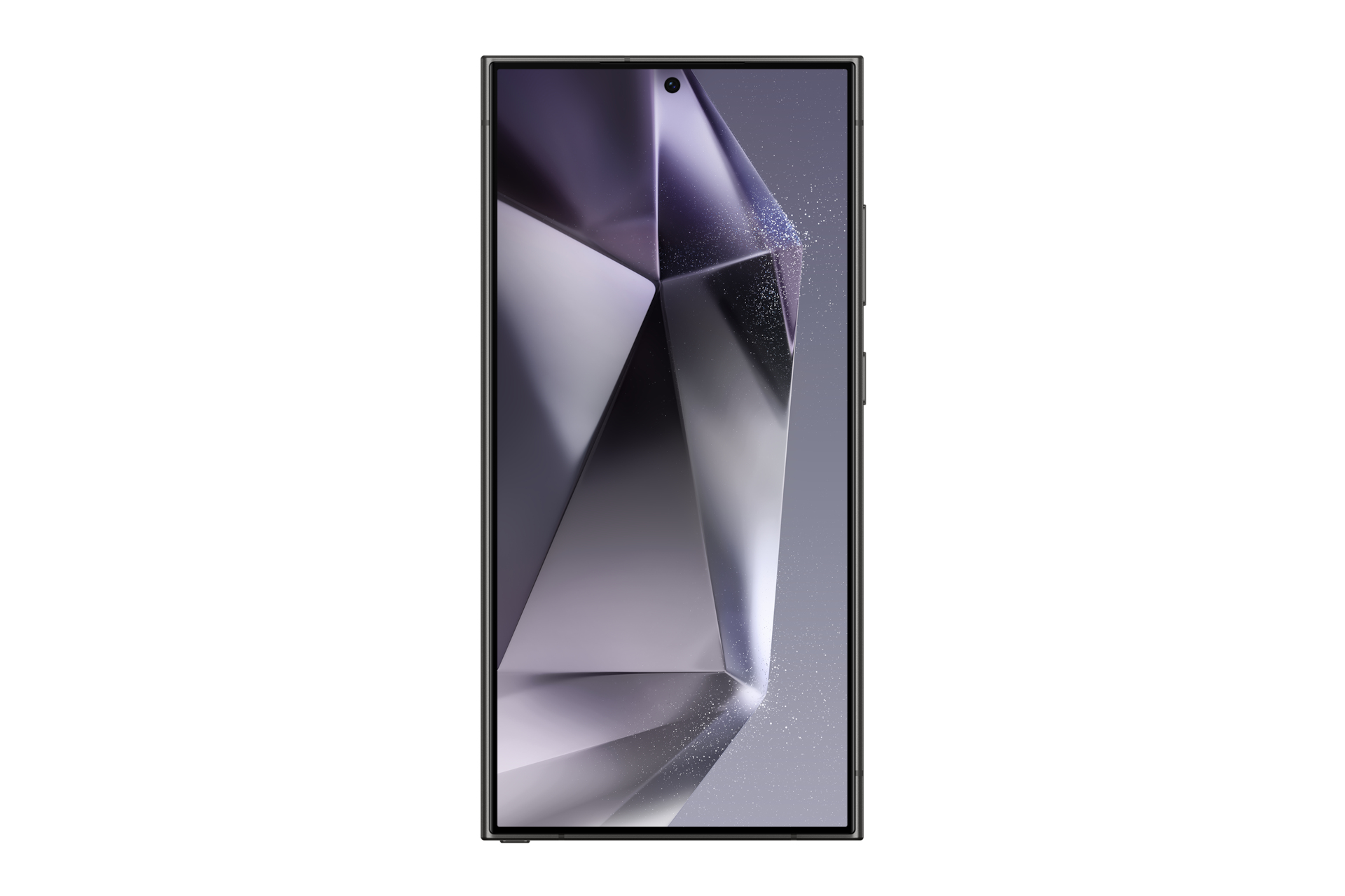 Czarny telefon z ekranem wyświetlającym geometryczny wzór. Białe tło.