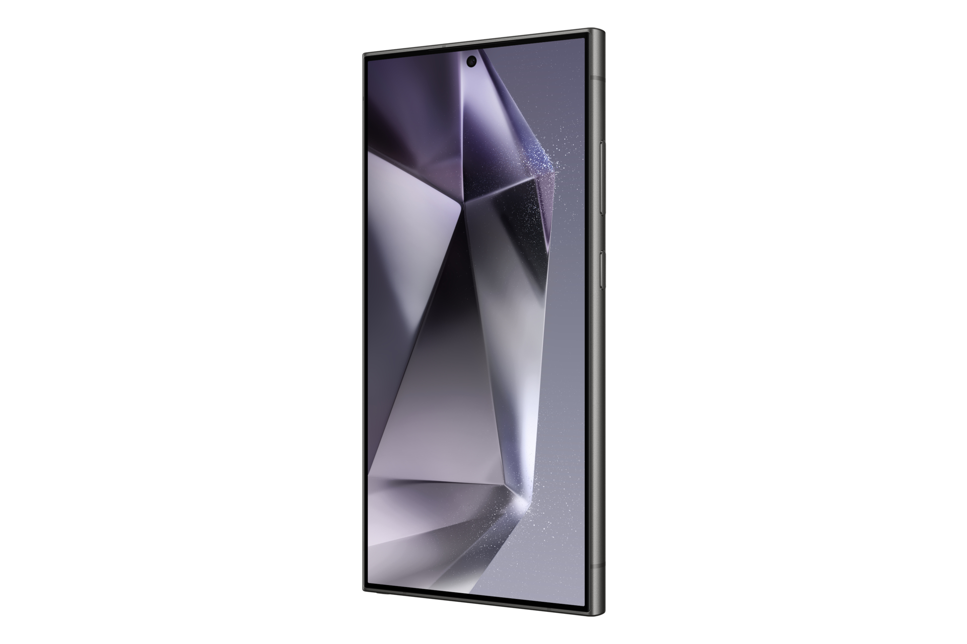 Smartphone met geometrisch ontwerp op het scherm, zilveren frame, witte achtergrond.