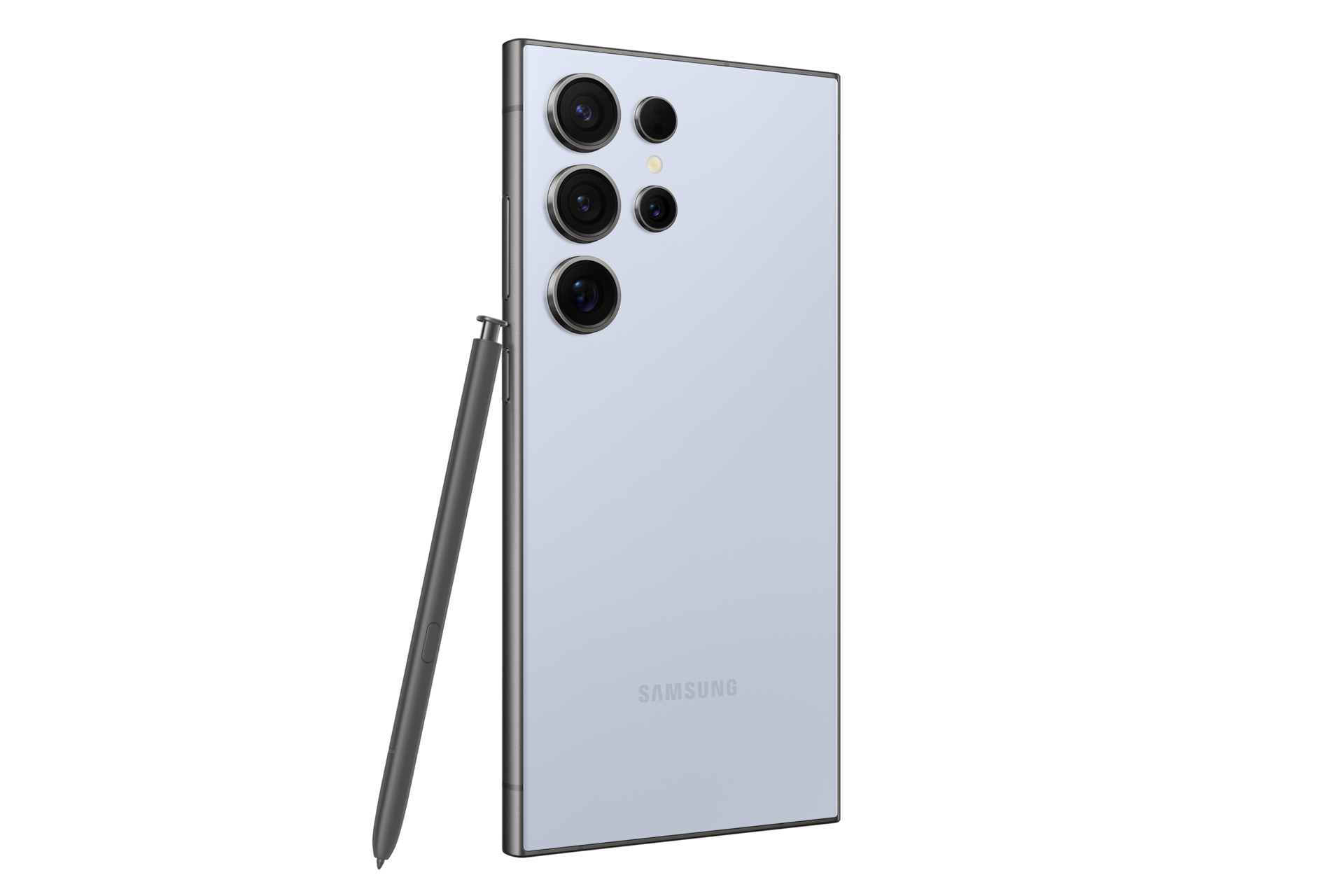 Achteraanzicht van een lichtblauwe telefoon met meerdere camera's en een stylus. De telefoon staat op een witte achtergrond.