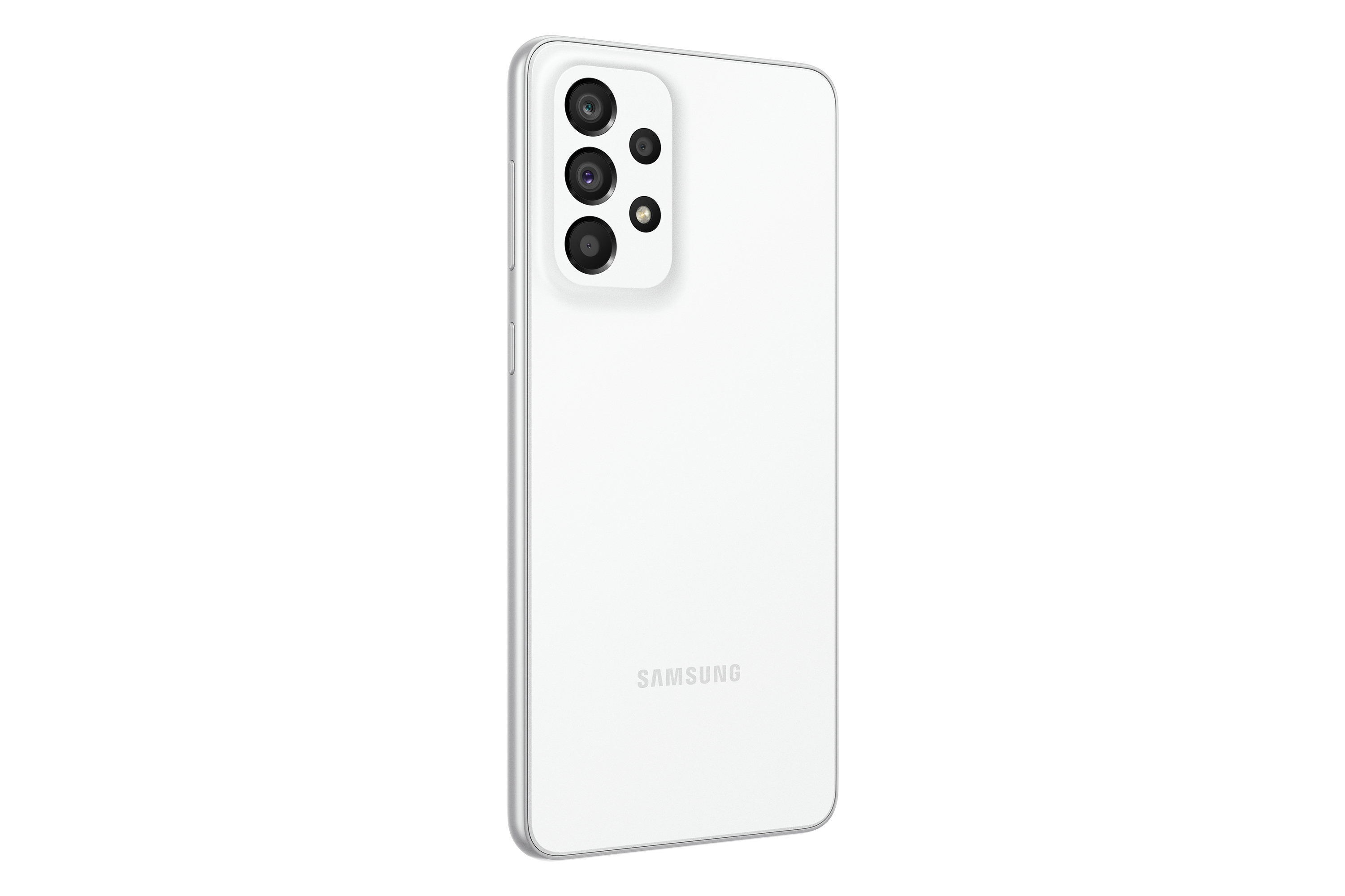 Biały tył telefonu Samsung. Widoczne trzy kamery i lampa błyskowa. Logo Samsung na dole.