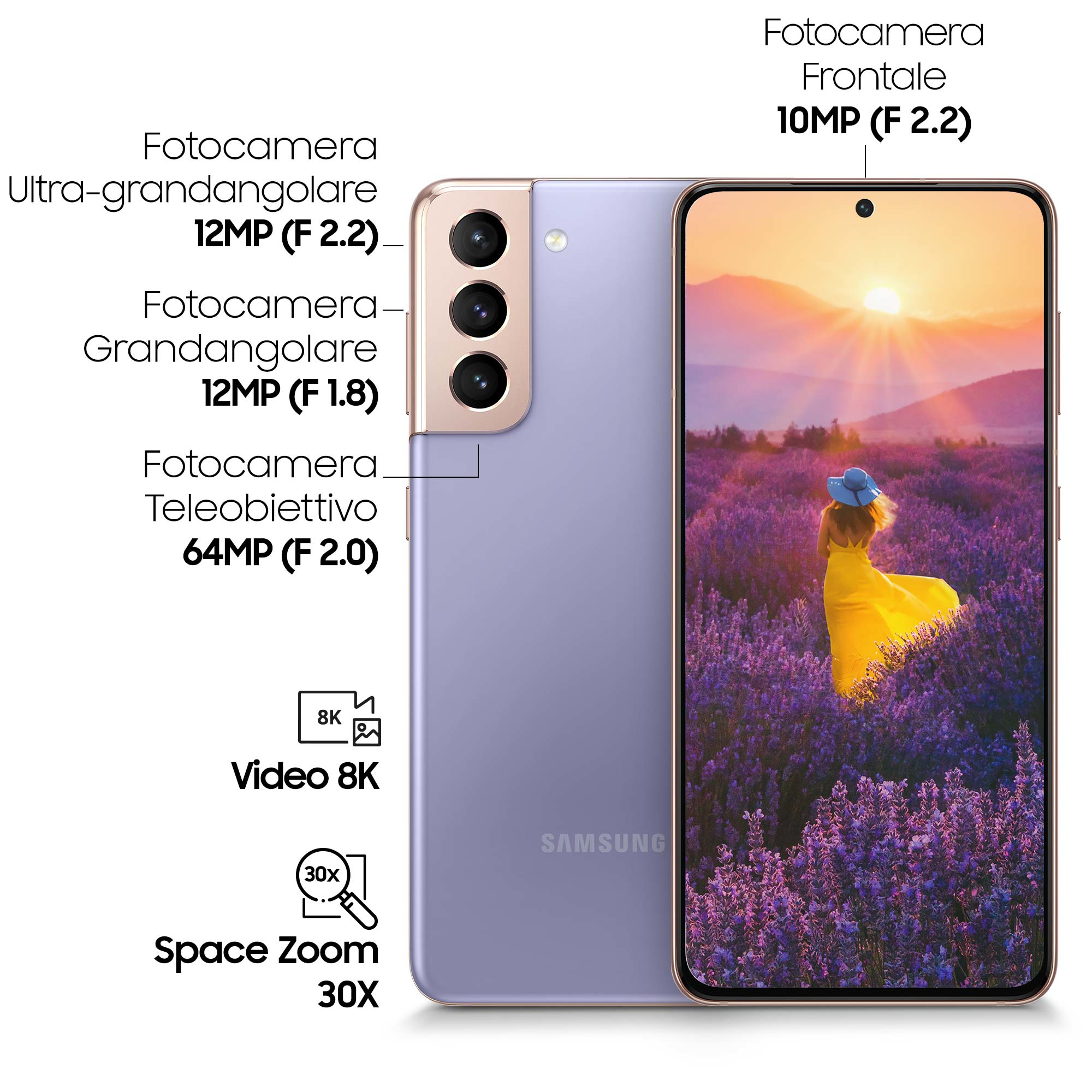 Lila Smartphone, Vorder- und Rückseite. Display zeigt Sonnenuntergang über Lavendelfeld. Details.