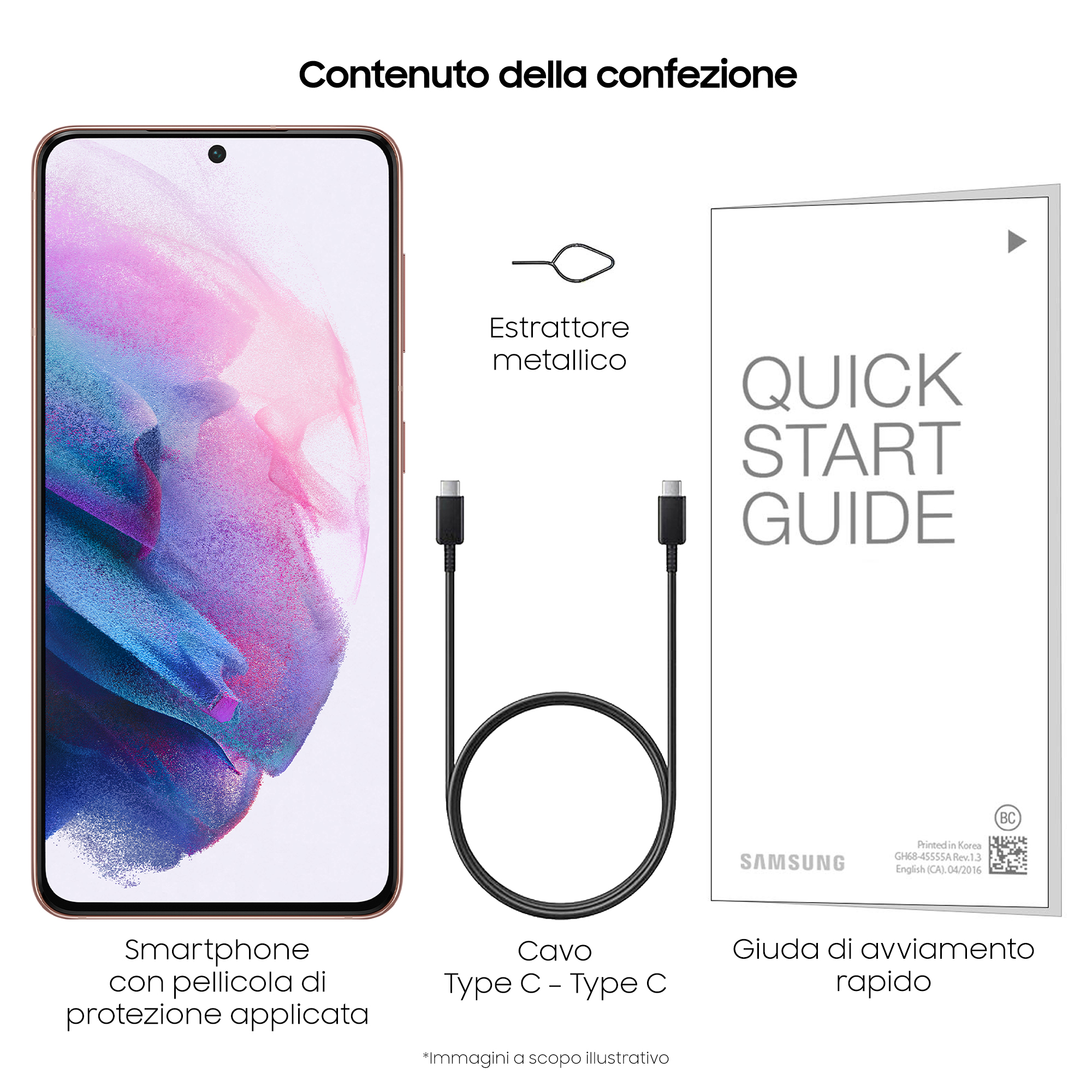 Smartphone mit Bildschirm und Zubehör, darunter ein Ladekabel und eine Kurzanleitung.