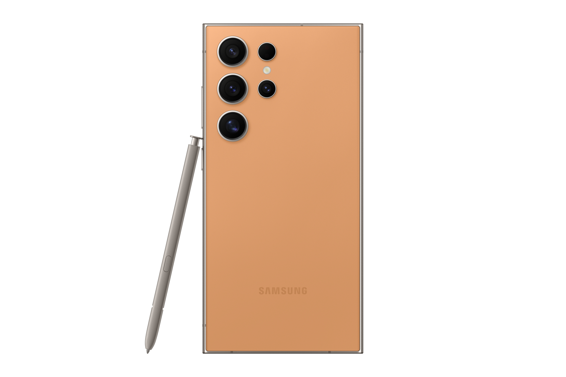 De achterkant van een smartphone met meerdere camera's, een stylus en het Samsung-logo.