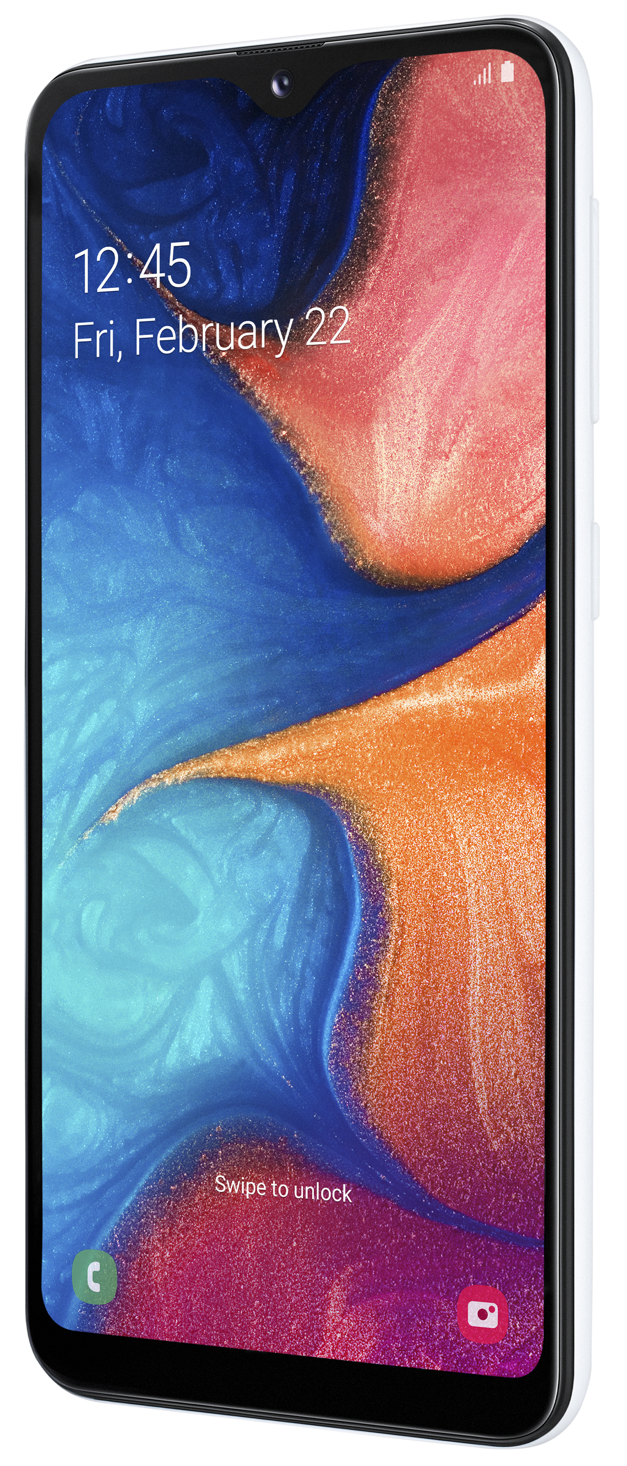 Biało-niebieski telefon, ekran wyświetlający kolorowy abstrakcyjny obraz, białe tło.