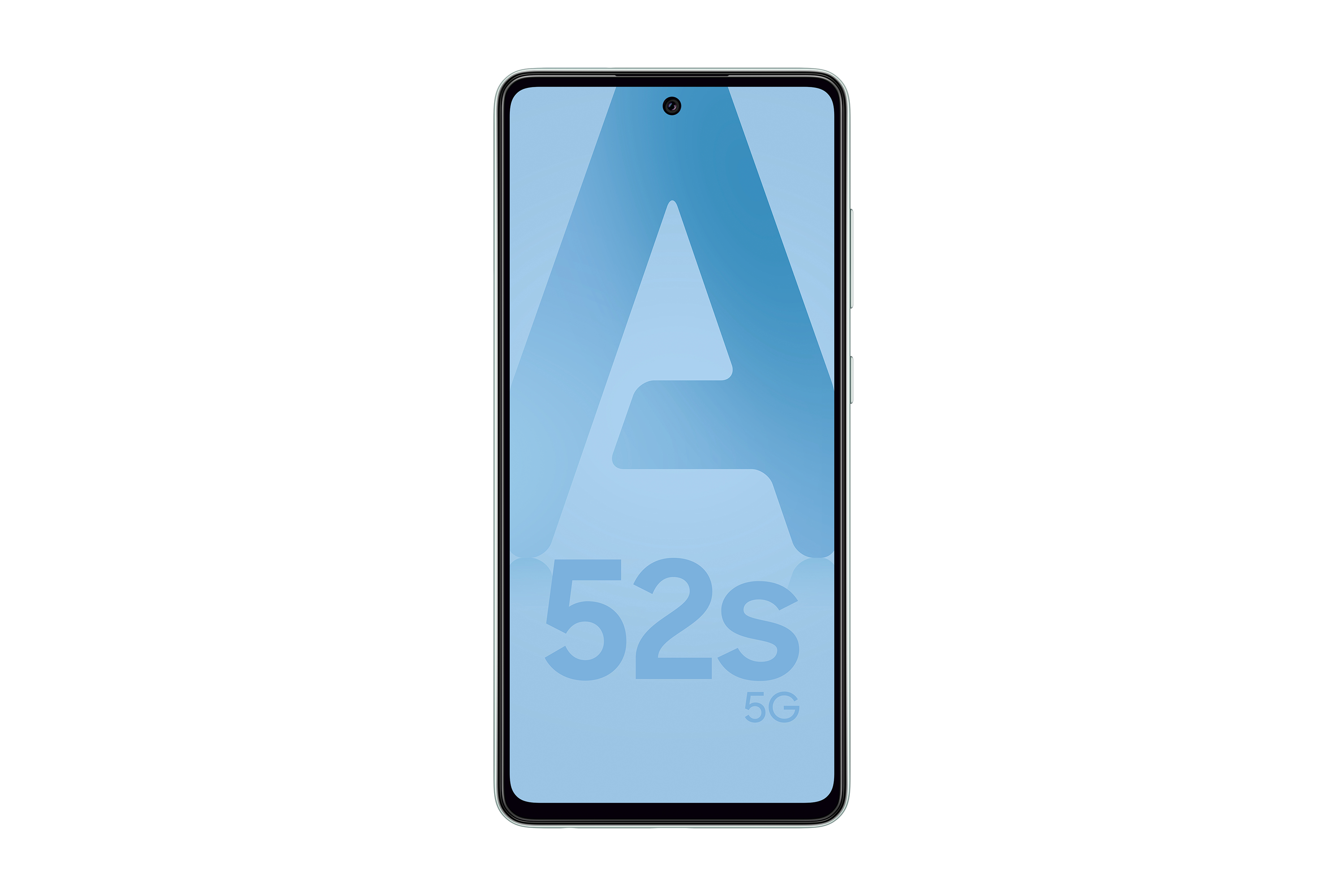 Smartfon z logo A52s 5G na jasnoniebieskim tle, z białą ramką.