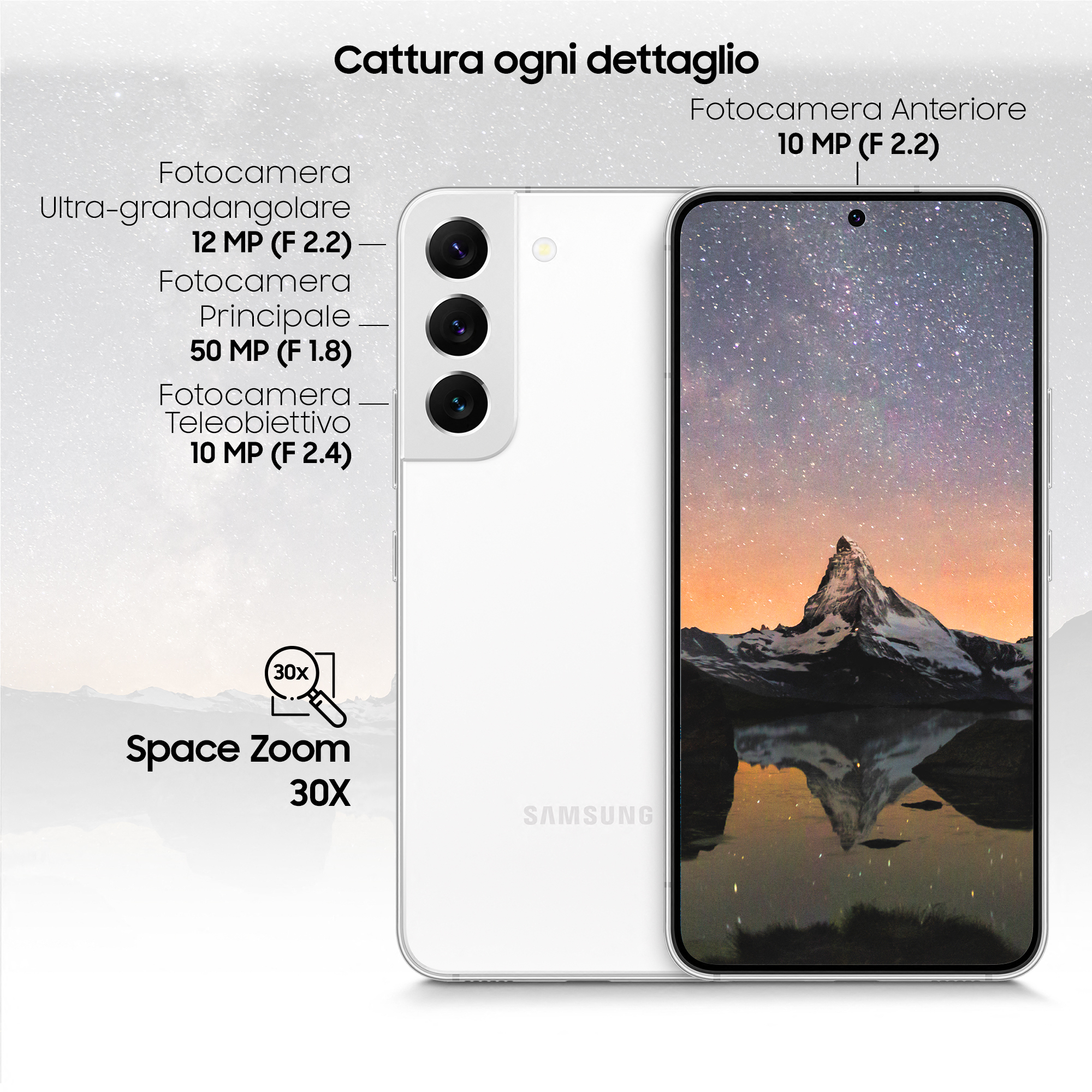Een Samsung-telefoon met een witte achterkant en een scherm met een landschap.