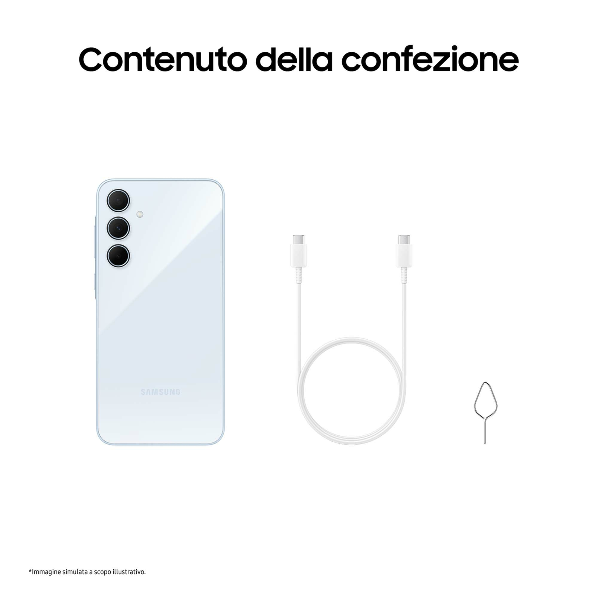 Samsung-Telefonkartoninhalt: Telefon, Kabel, SIM-Auswurfwerkzeug.