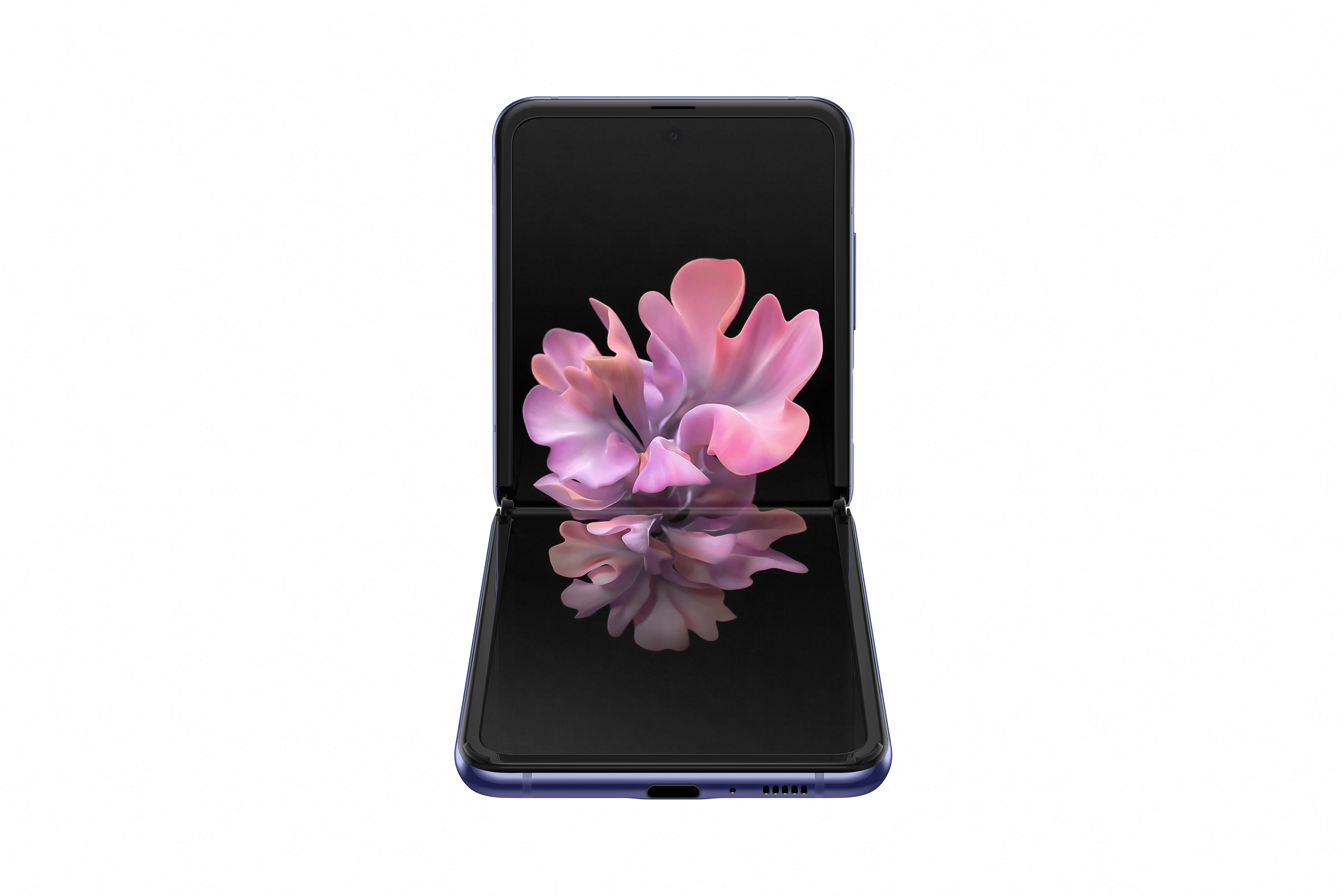 Teléfono plegado con pantalla abierta. Flor rosa y morada en la pantalla. Fondo blanco.