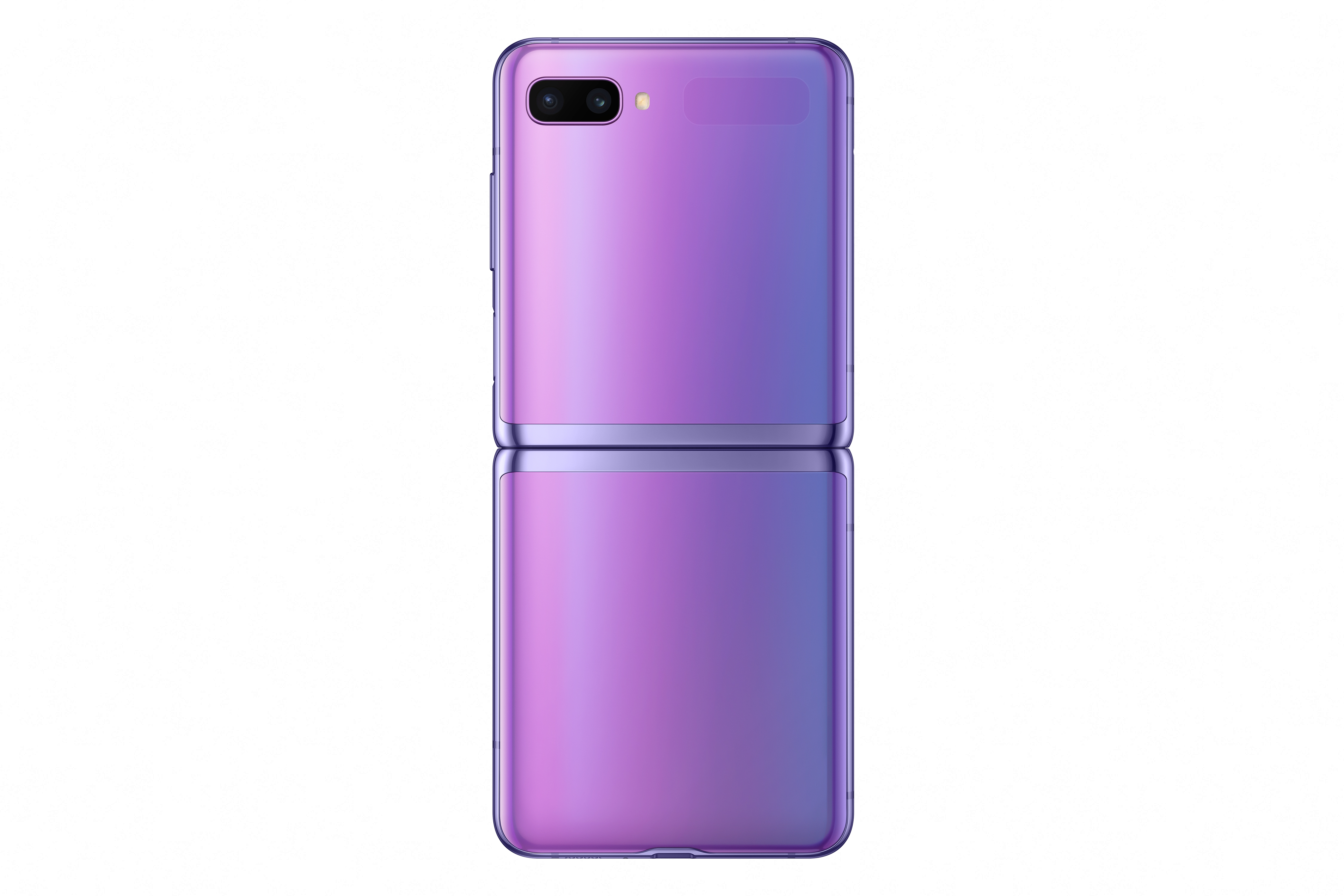 Teléfono plegable, abierto, mostrando parte trasera con cámaras, en morado.