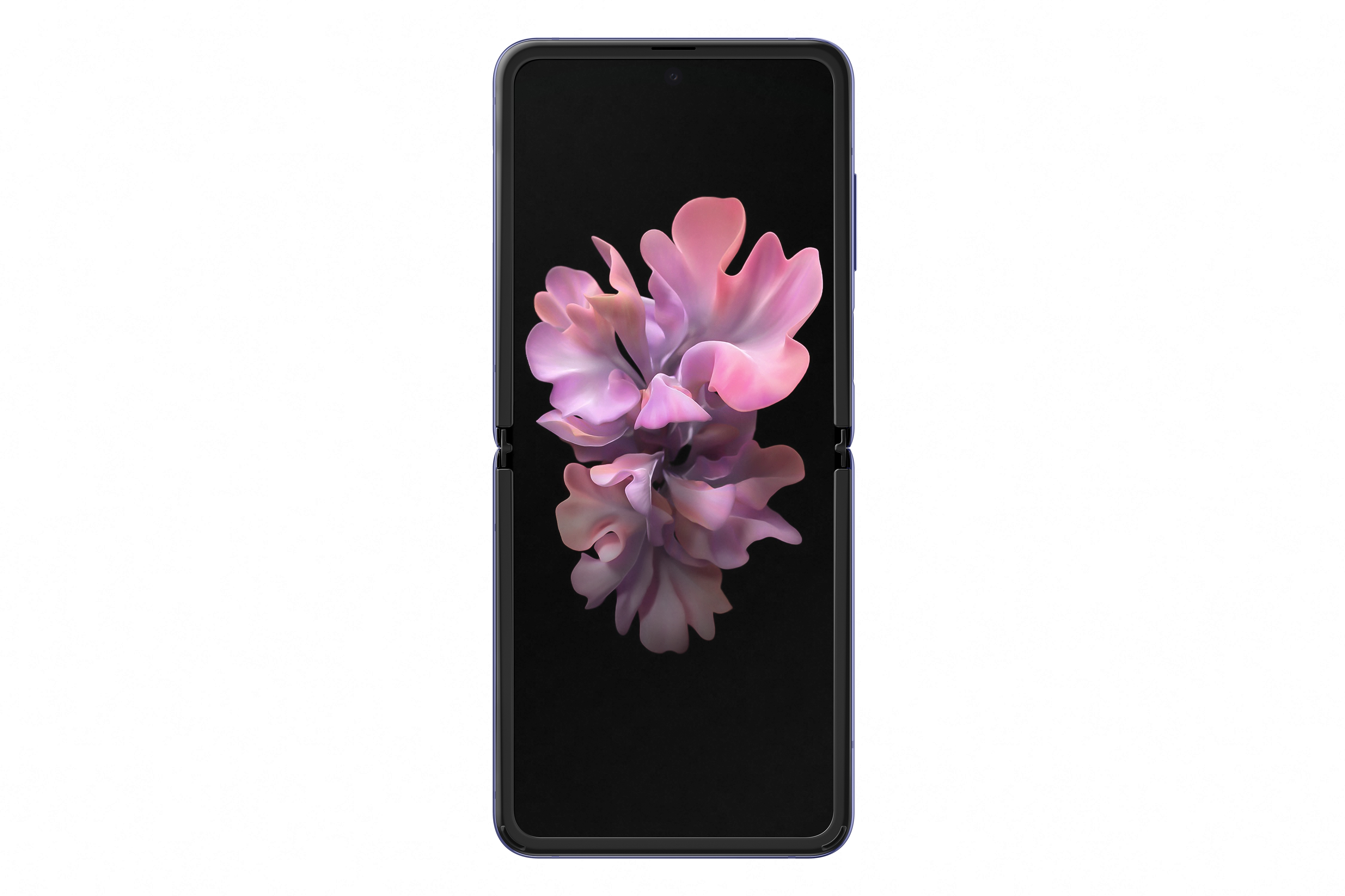 Smartphone plegable, pantalla con diseño floral, aislado sobre fondo blanco.