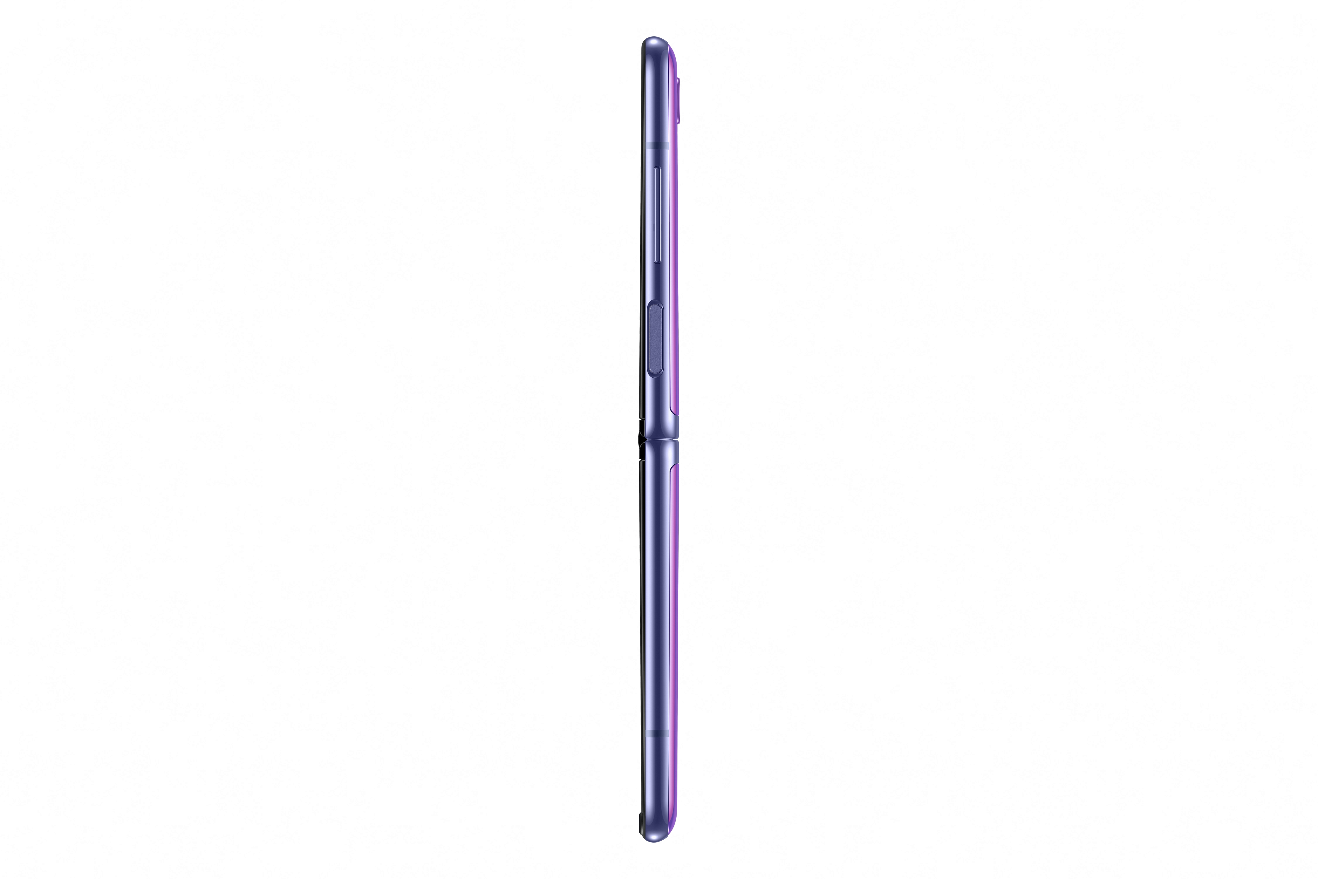Teléfono plegable morado, vista lateral. Fondo blanco.