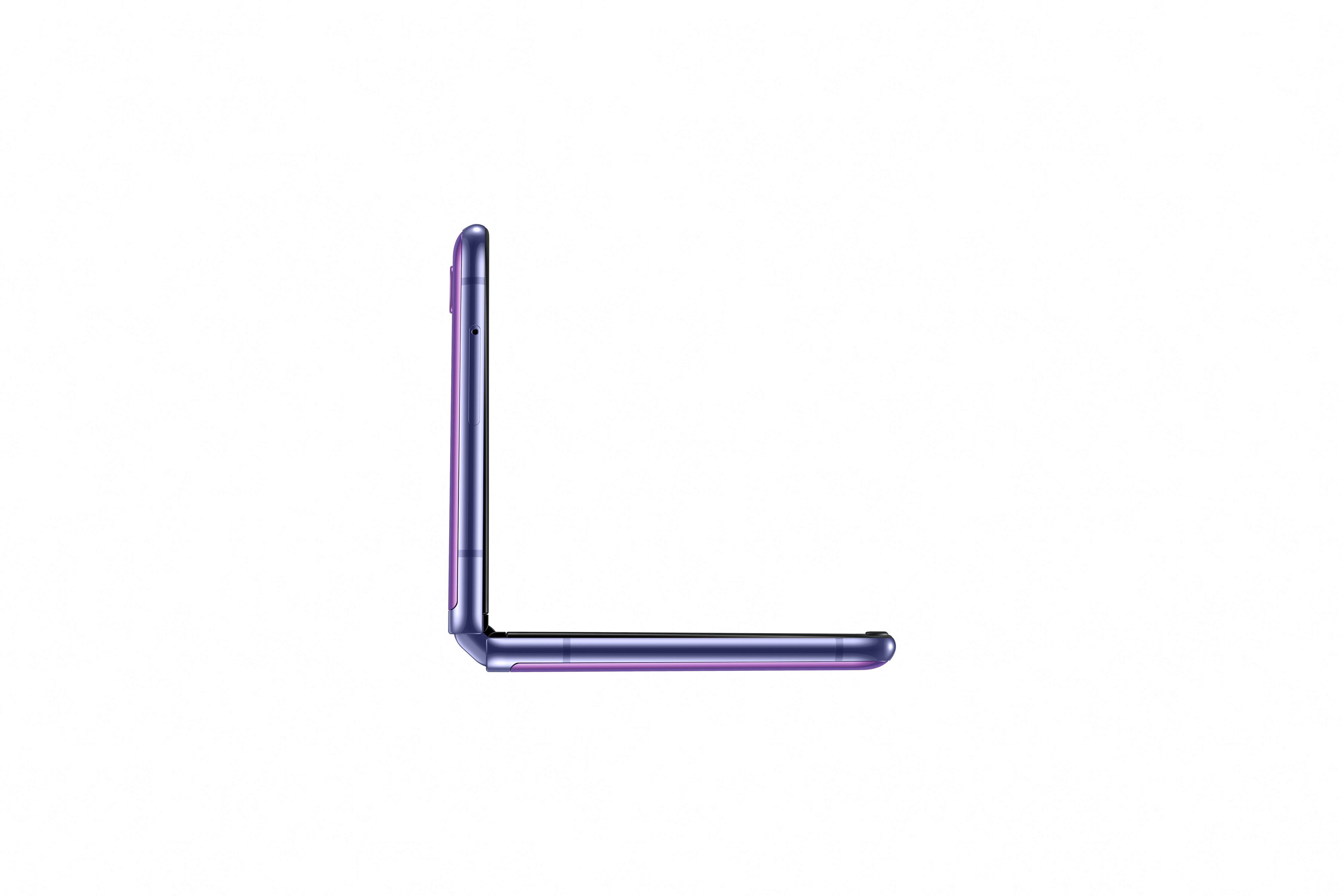 Teléfono plegable morado en forma de L. Fondo blanco.
