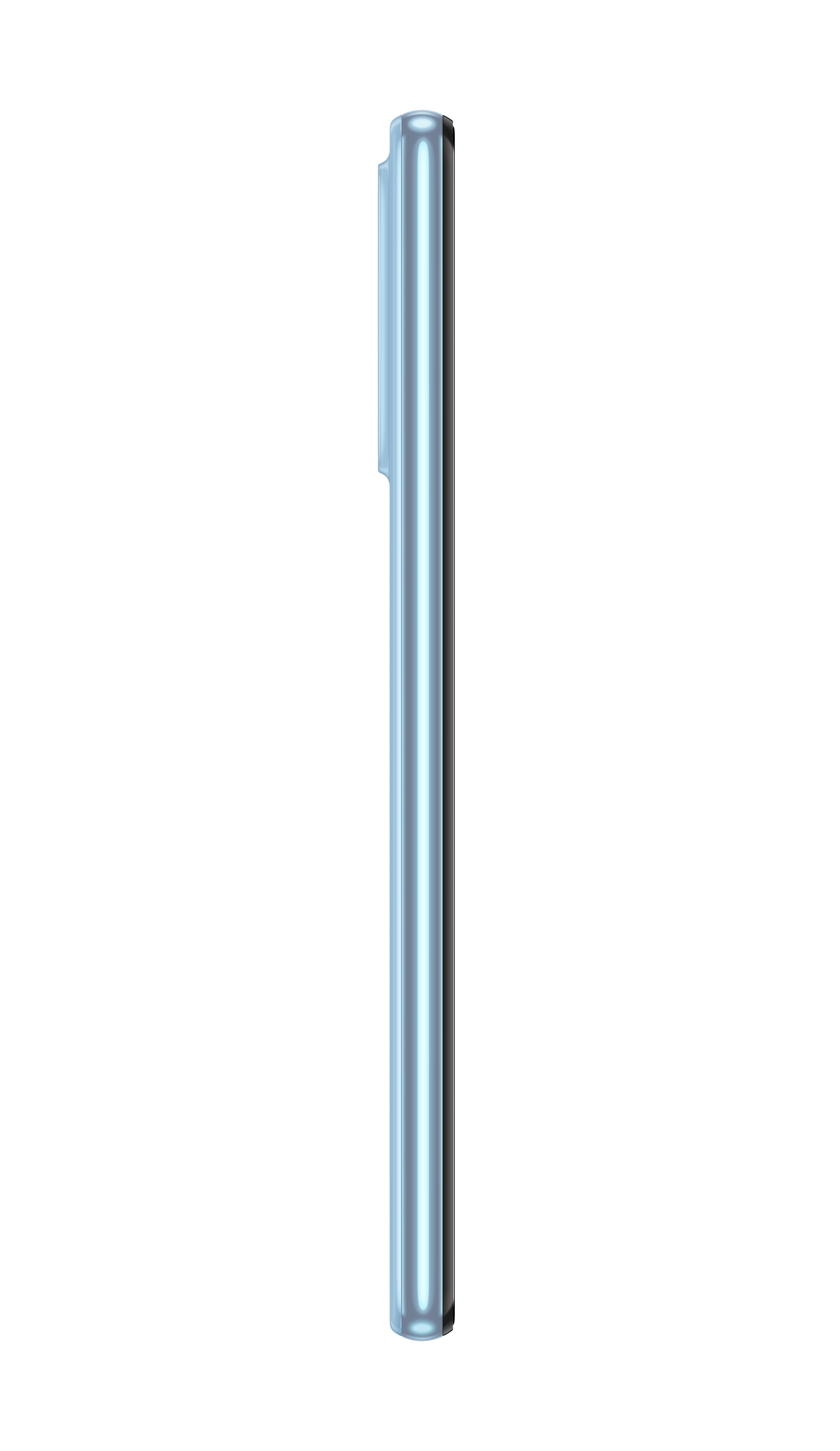 Seitenansicht eines blauen Telefons, das sein schlankes Profil zeigt.