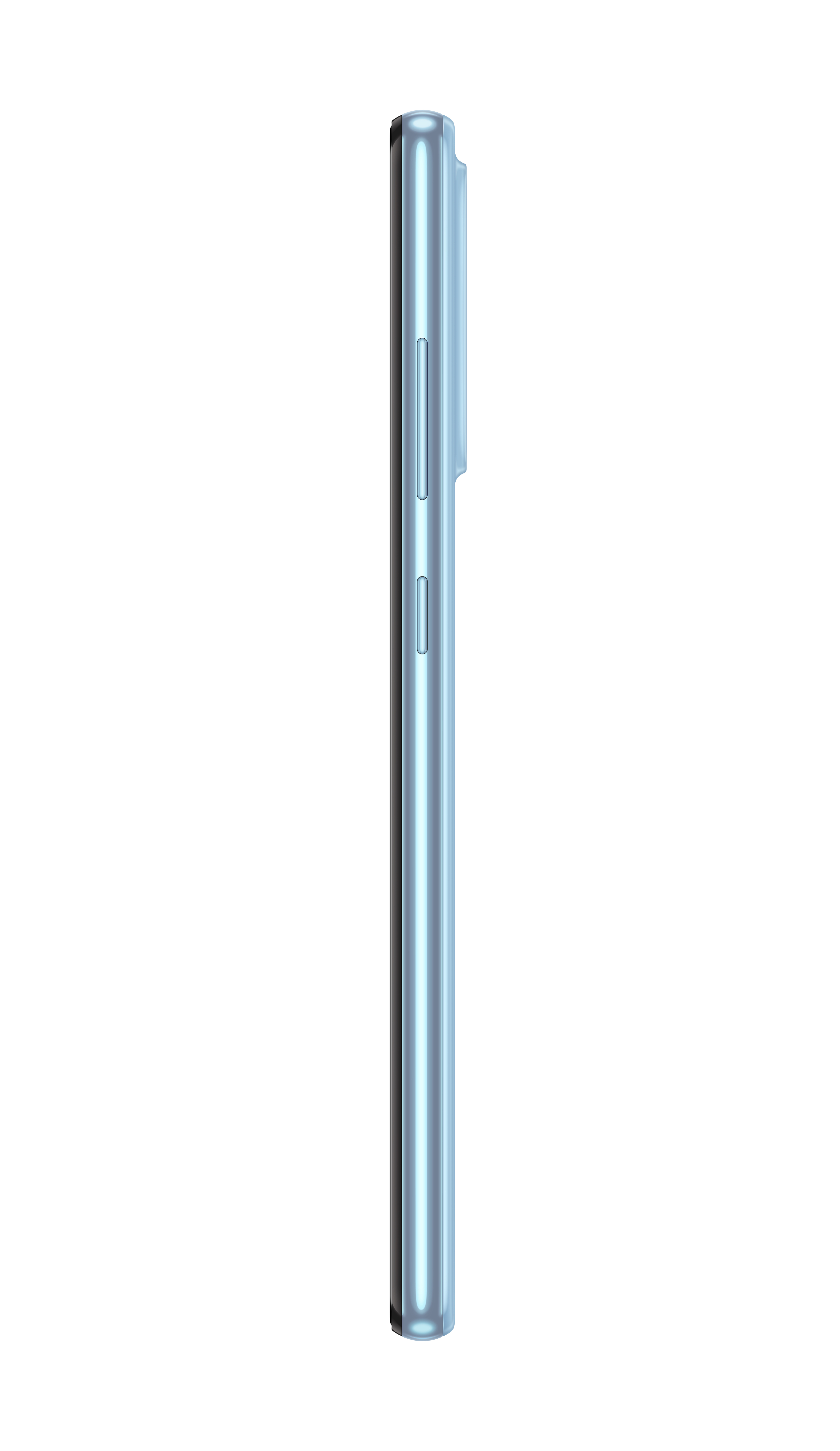 Ein hellblaues Telefon, das das Seitenprofil mit Lautstärketasten zeigt.