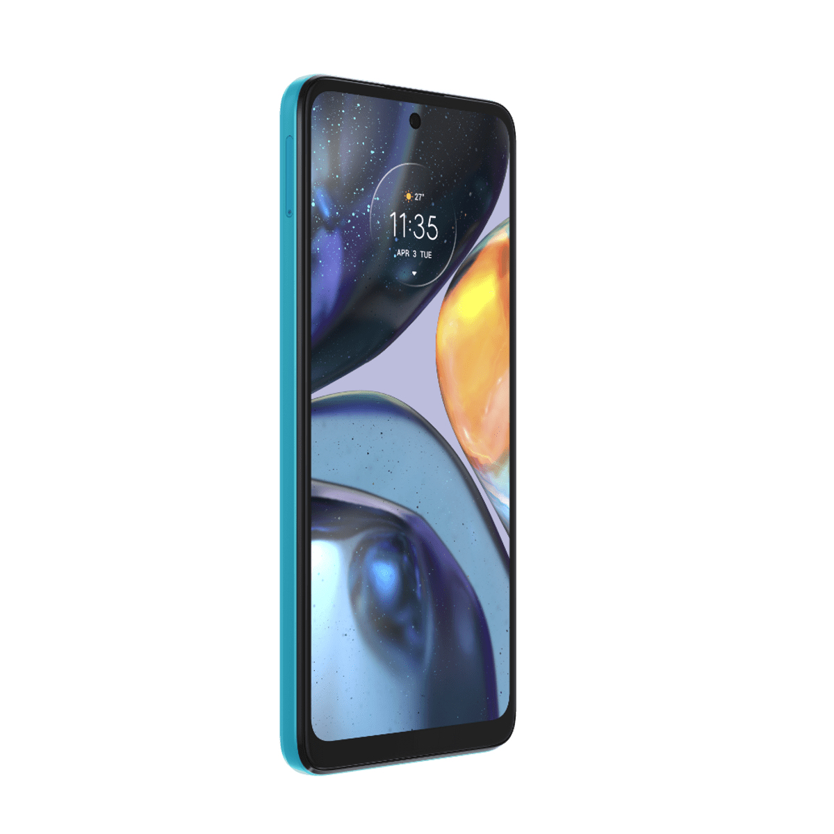 Blau-grünes Smartphone-Profil mit Display, das einen orange-gelben Hintergrund zeigt.
