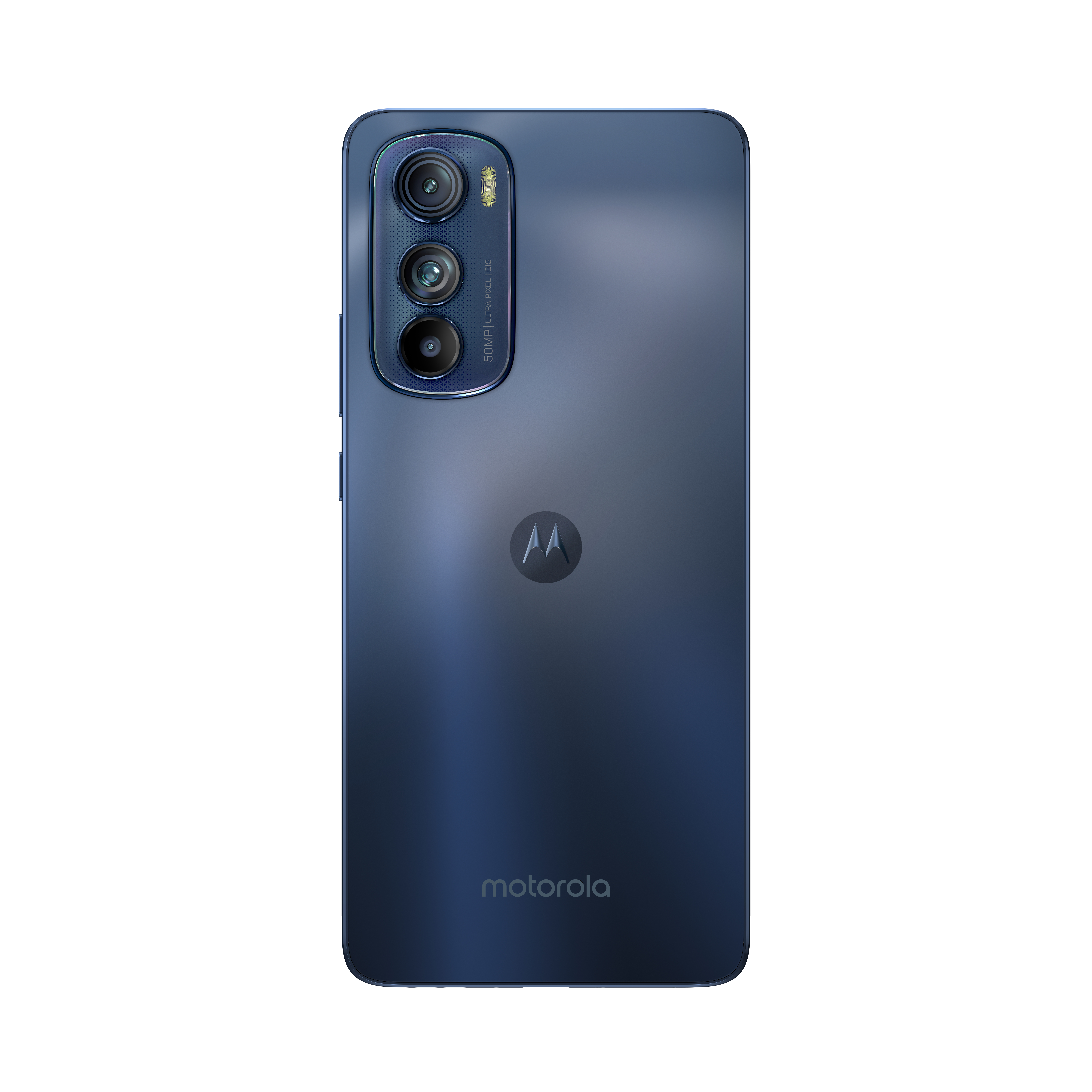 Dunkelblaues Telefonheck mit drei Kameras und Motorola-Logo sichtbar. Das Kameraobjektiv befindet sich links.