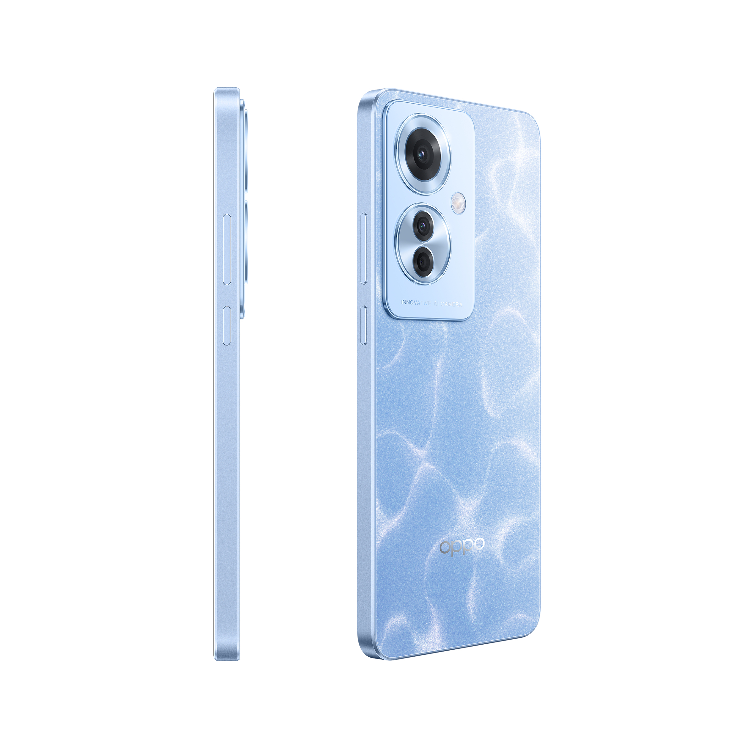 Telefon Oppo, pokazujący widoki z tyłu i z boku, z niebieskim wzorem przypominającym wodę i podwójnymi aparatami.
