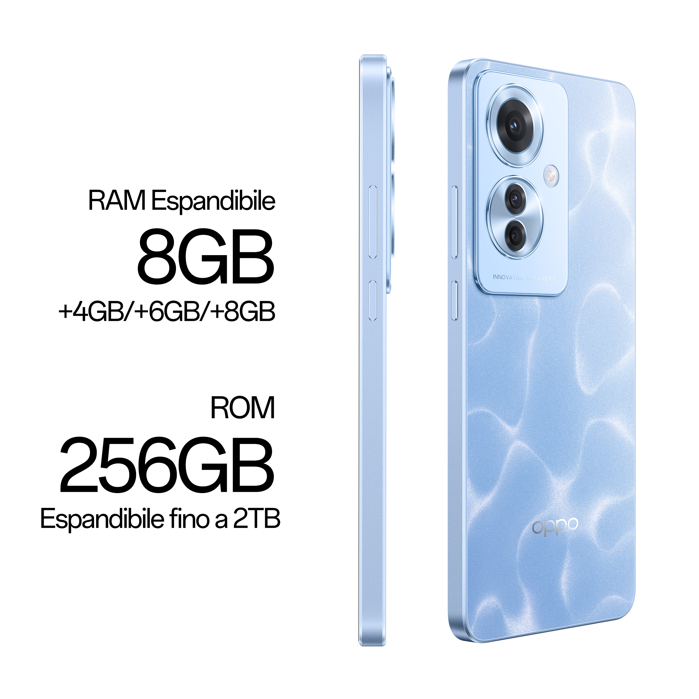 Jasnoniebieski smartfon z tekstem. Wyświetla informacje o RAM i ROM. Białe tło. Dwa widoki z boku.