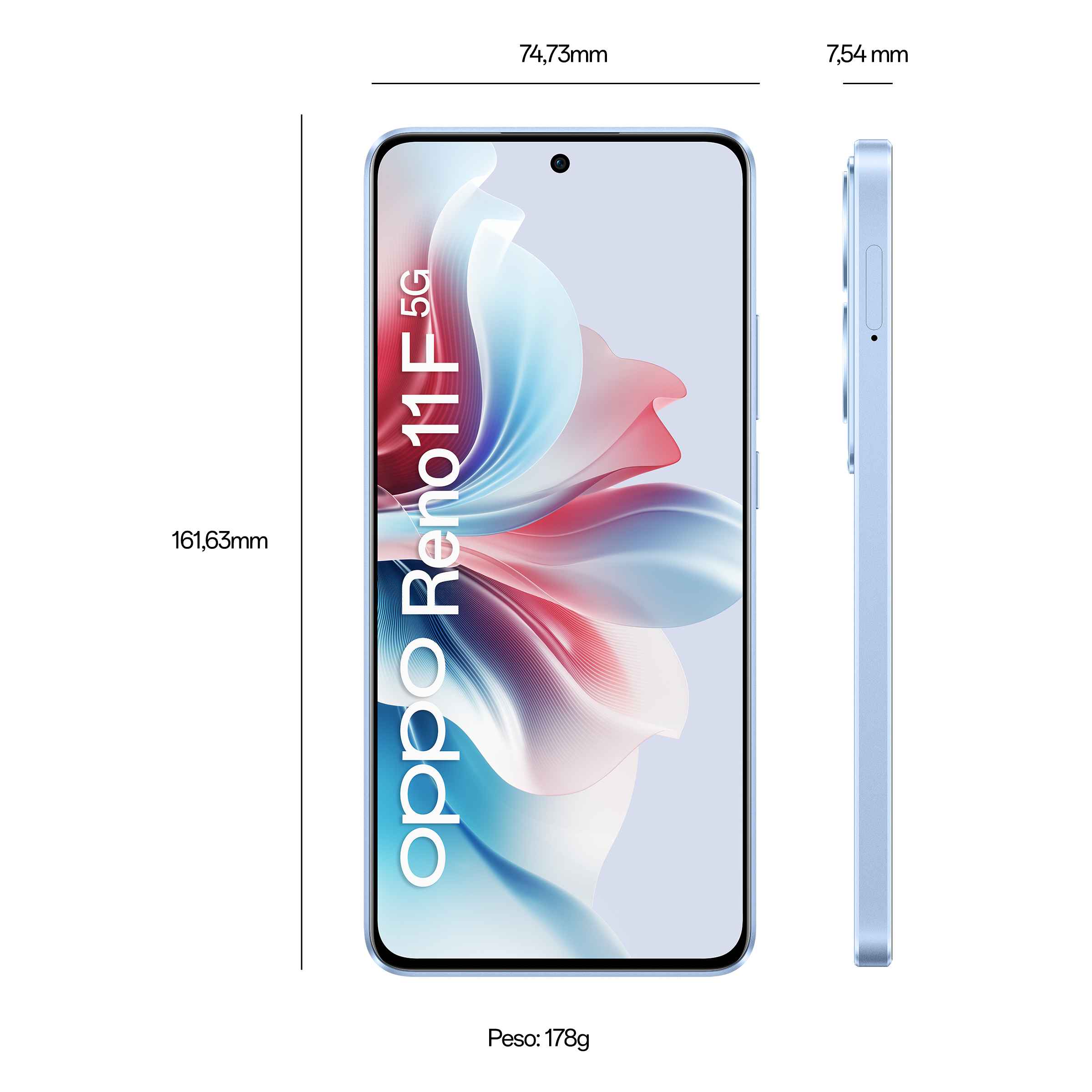 Smartfon Oppo Reno11 F 5G, pokazujący wymiary i profil boczny, niebieski kolor, białe tło.