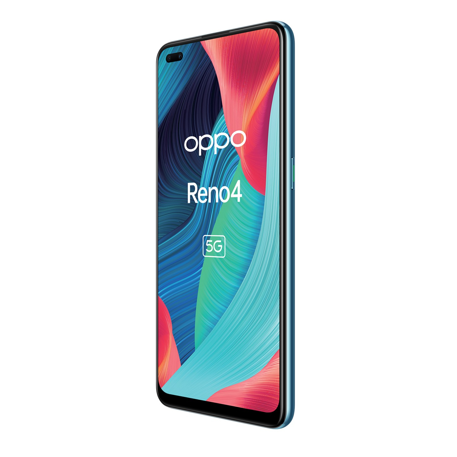 Blaues Oppo Reno4 Telefon mit Text auf dem Bildschirm, isoliert.