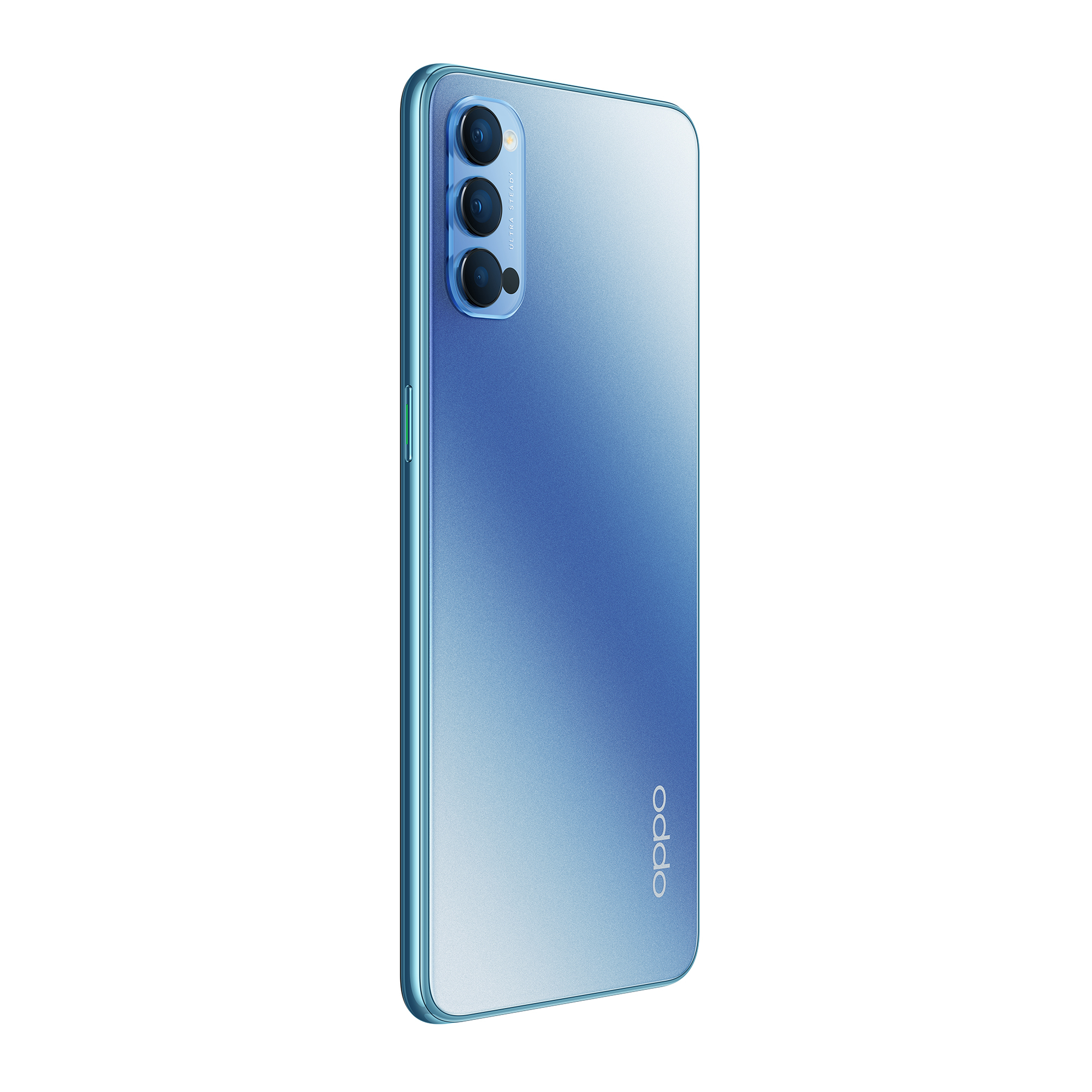 Blaues Gradienten-Telefon von hinten, drei Kameras, Oppo-Logo.