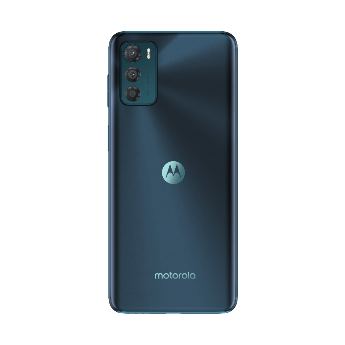 Rückseite eines dunkelblauen Motorola-Telefons. Dreifachkamera, Motorola-Logo in der Mitte, auf weißem Hintergrund.