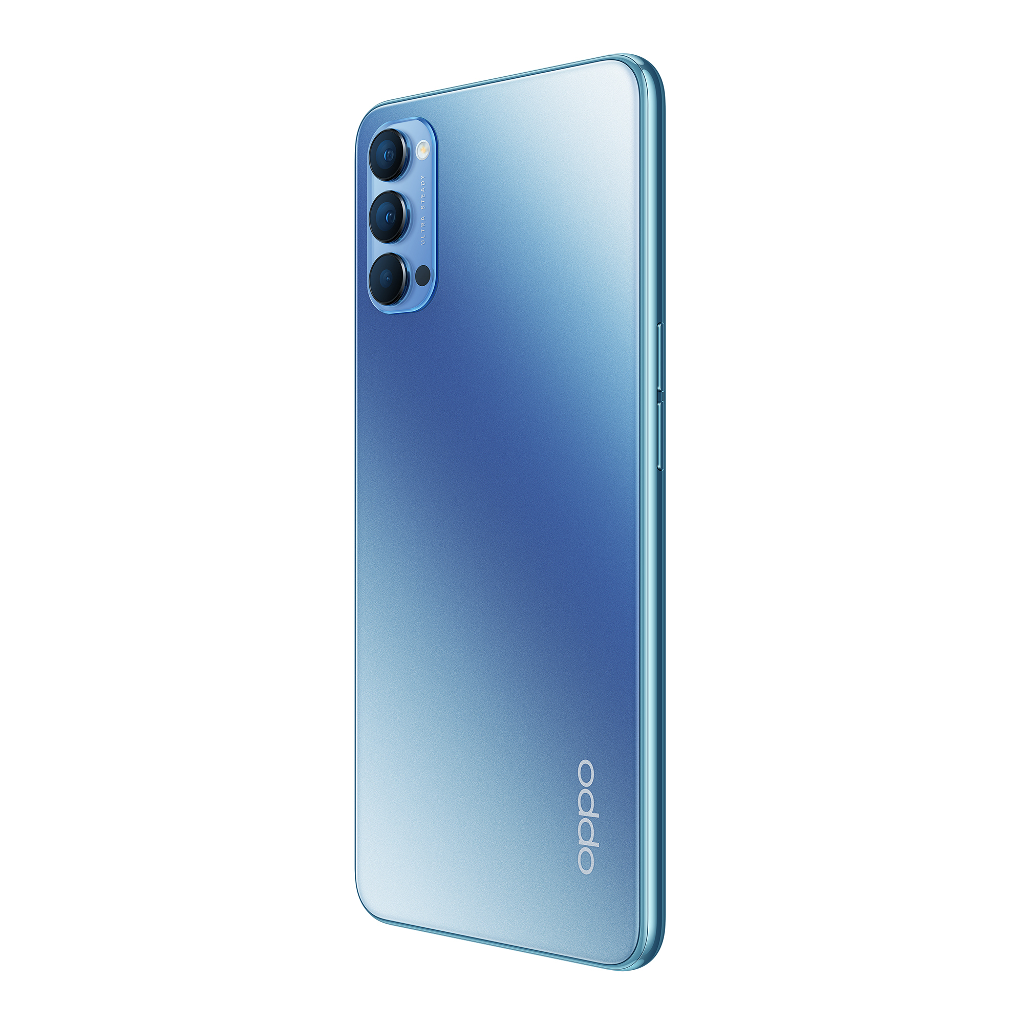 Blaue Smartphone-Rückansicht. Verfügt über eine Multi-Kamera-Konfiguration und das OPPO-Logo. Farbverlauf-Effekt.