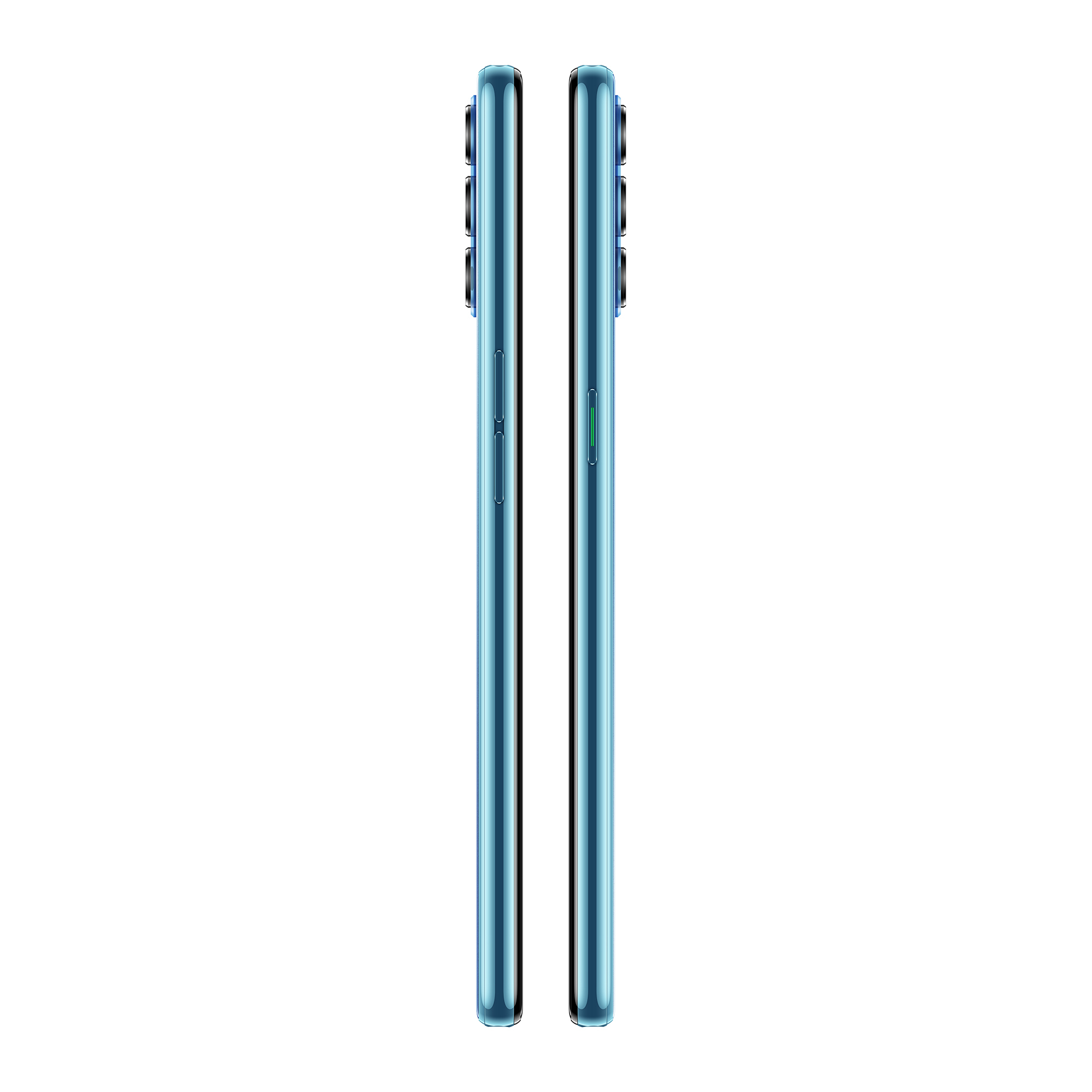 Zwei blaue Telefone nebeneinander. Seitenansicht mit Knöpfen und Kamera.
