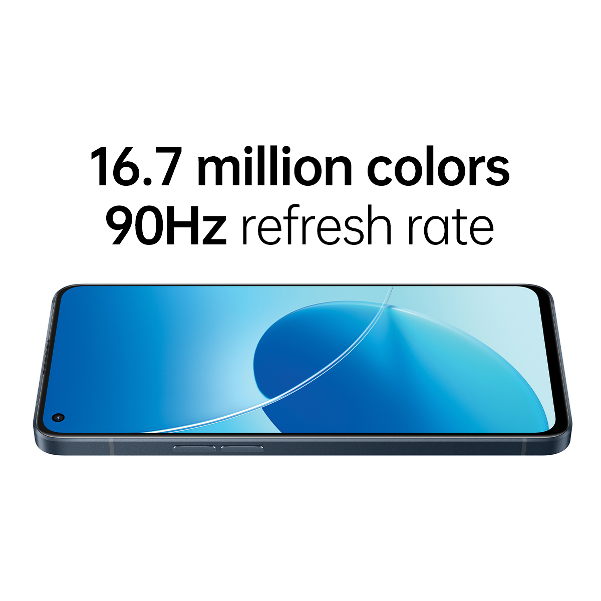 Smartfon leżący płasko, wyświetlający na ekranie żywy, niebiesko-biały obraz abstrakcyjny.