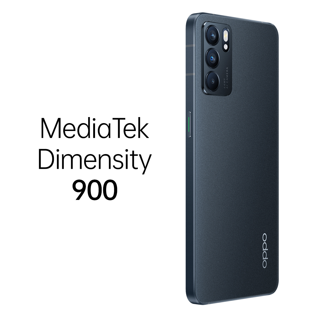 Telefon Oppo z tekstem: MediaTek Dimensity 900, na białym tle.