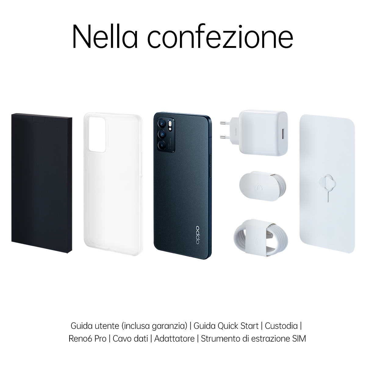 Smartfon, ładowarka, etui i inne akcesoria są rozłożone, z tekstem w języku włoskim.