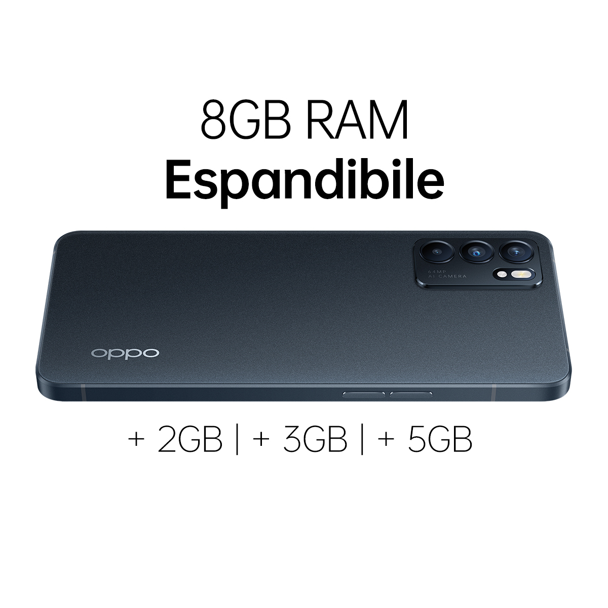 Czarny telefon z tekstem: 8GB RAM Rozszerzalne +2GB|+3GB|+5GB.