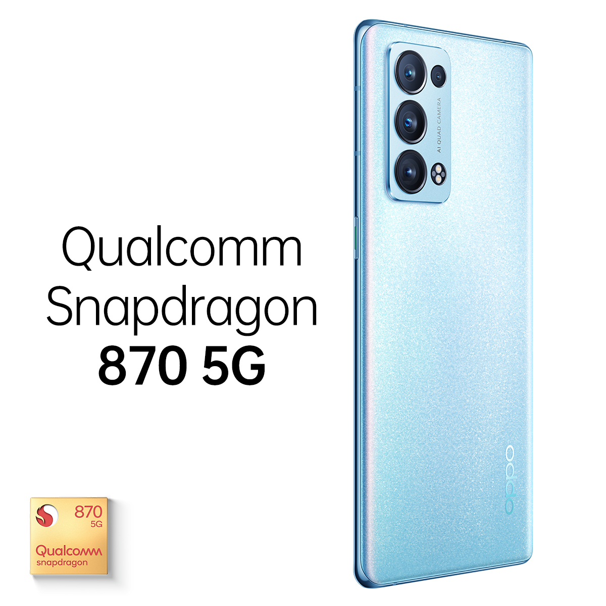 Widok z tyłu smartfona, jasnoniebieski kolor, tekst o procesorze i możliwości 5G. Wyświetlane logo Qualcomm.