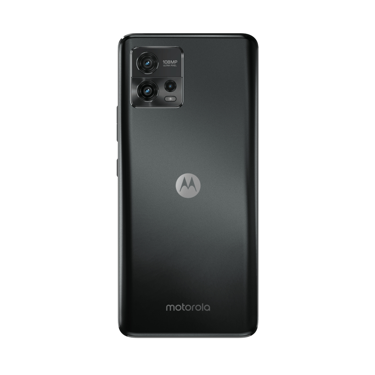 Schwarze Motorola-Telefonrückseite mit Kamera und Logo. Weißer Hintergrund.