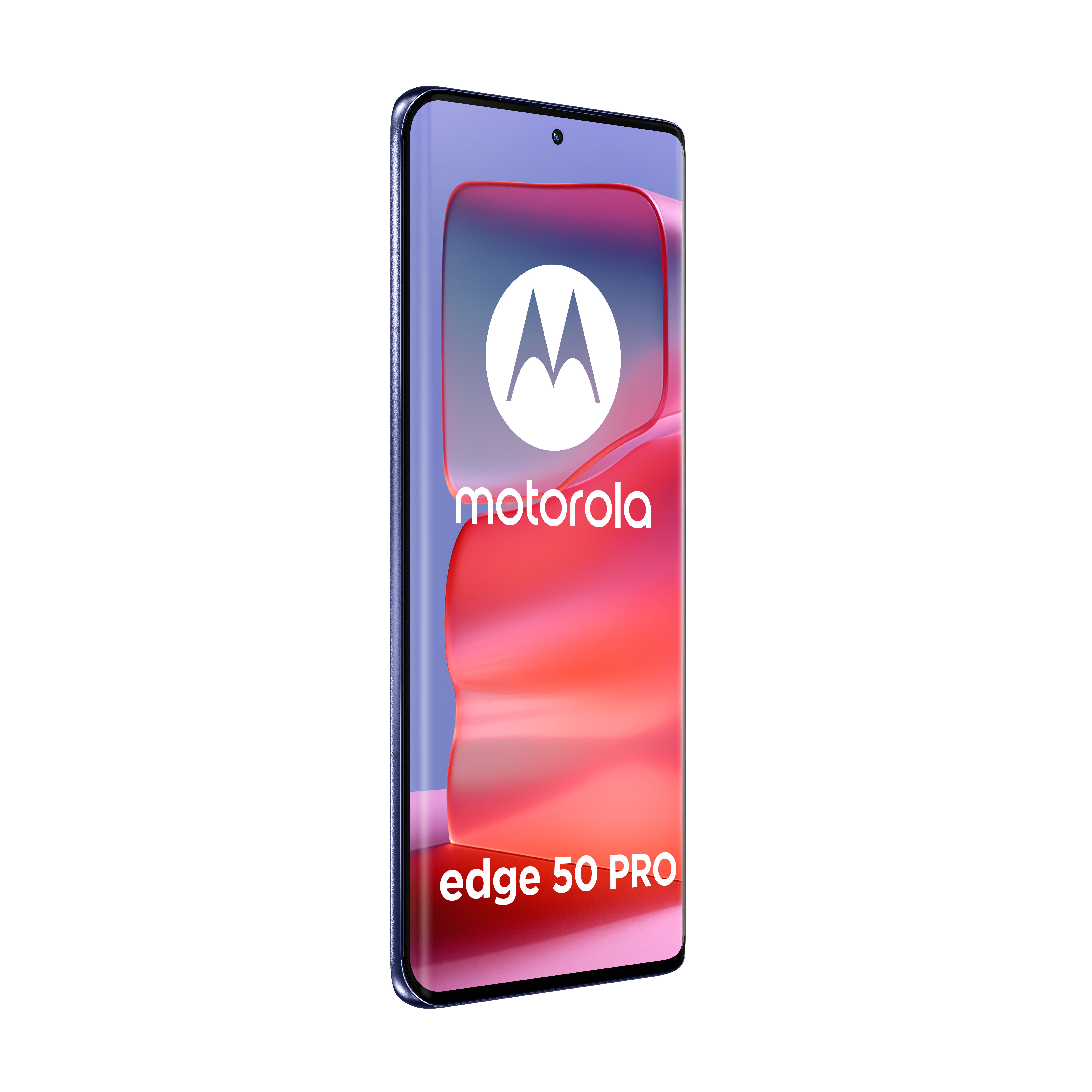 Telefon Motorola edge 50 PRO pokazany w widoku z profilu. Wyświetlacz pokazuje logo i tekst.