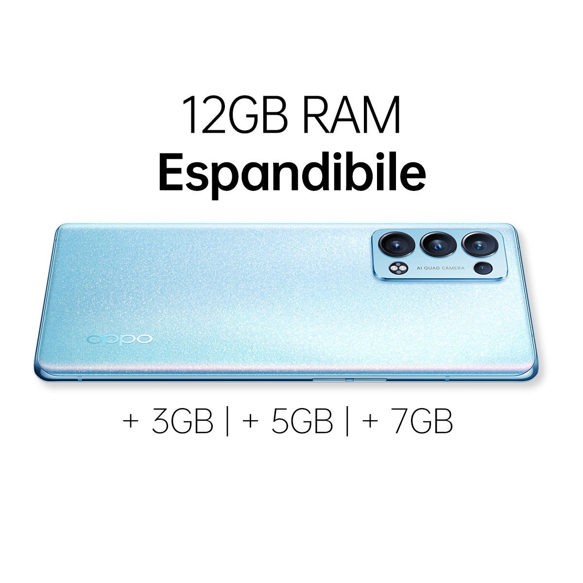 Tył niebieskiego smartfona z trzema aparatami. Tekst: 12GB RAM Rozszerzalna.