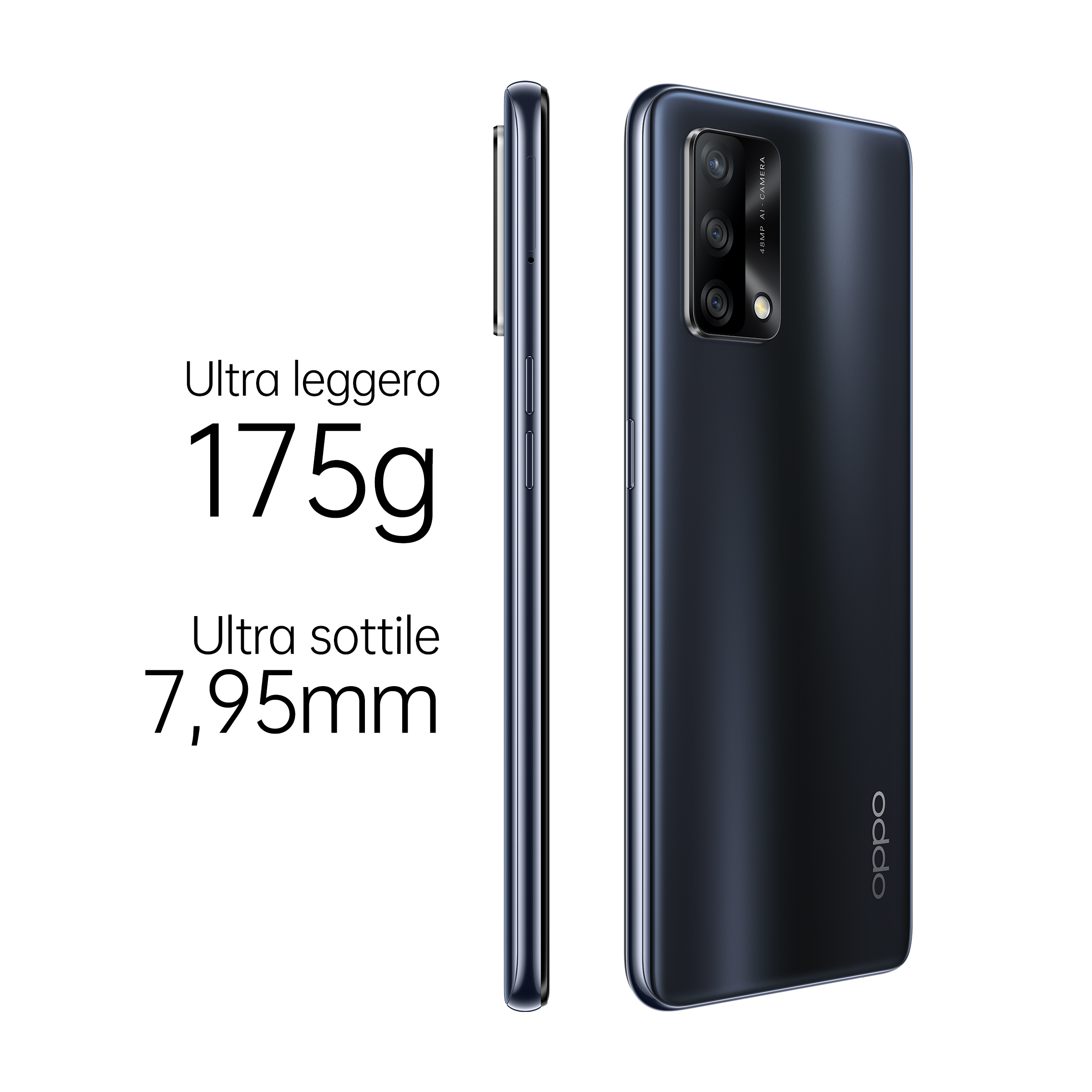 Schwarzes Telefon mit Seitenansicht, die Abmessungen und Gewicht zeigt.
