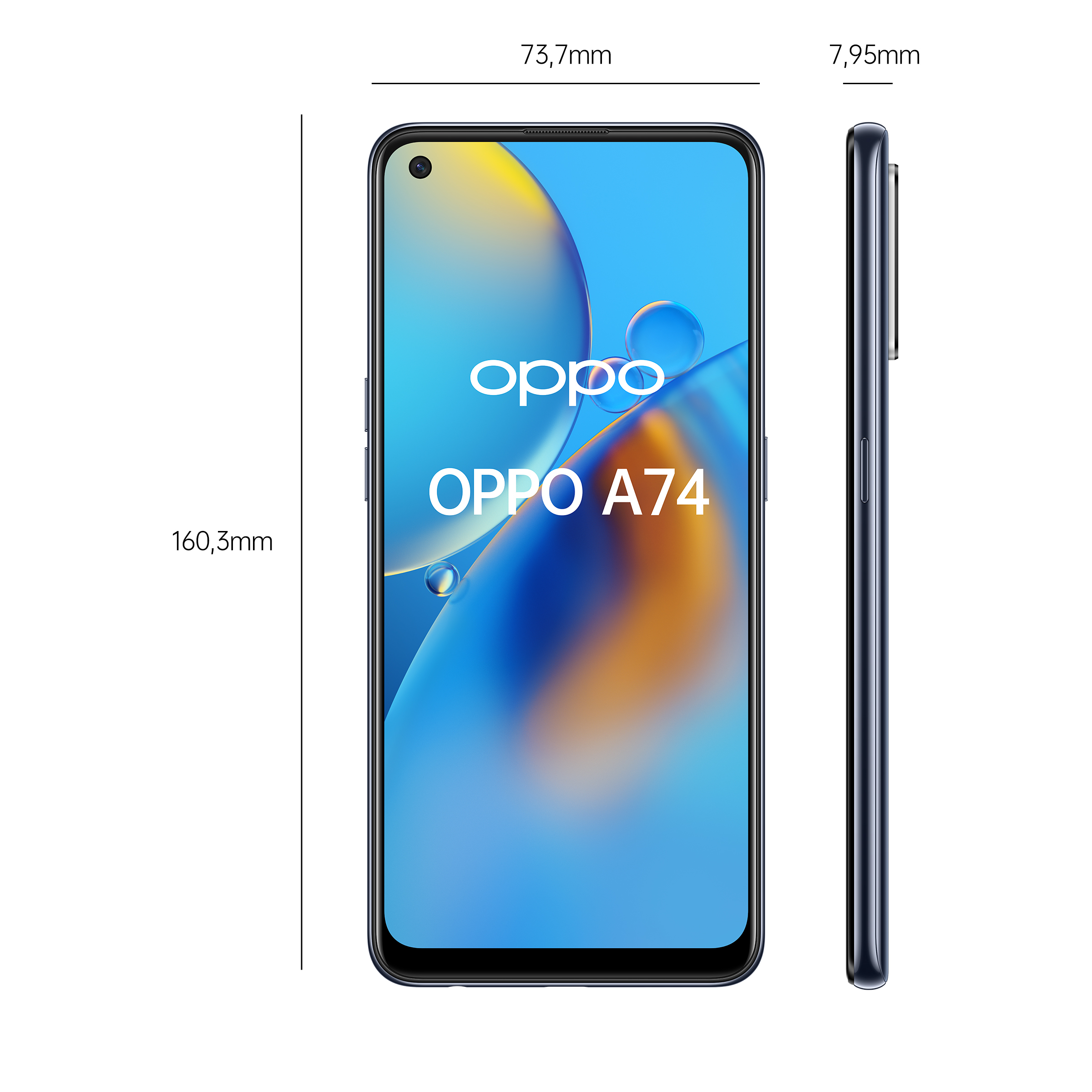 Oppo A74 Telefon in Front- und Seitenansicht, blauer und weißer Bildschirm mit Maßen.