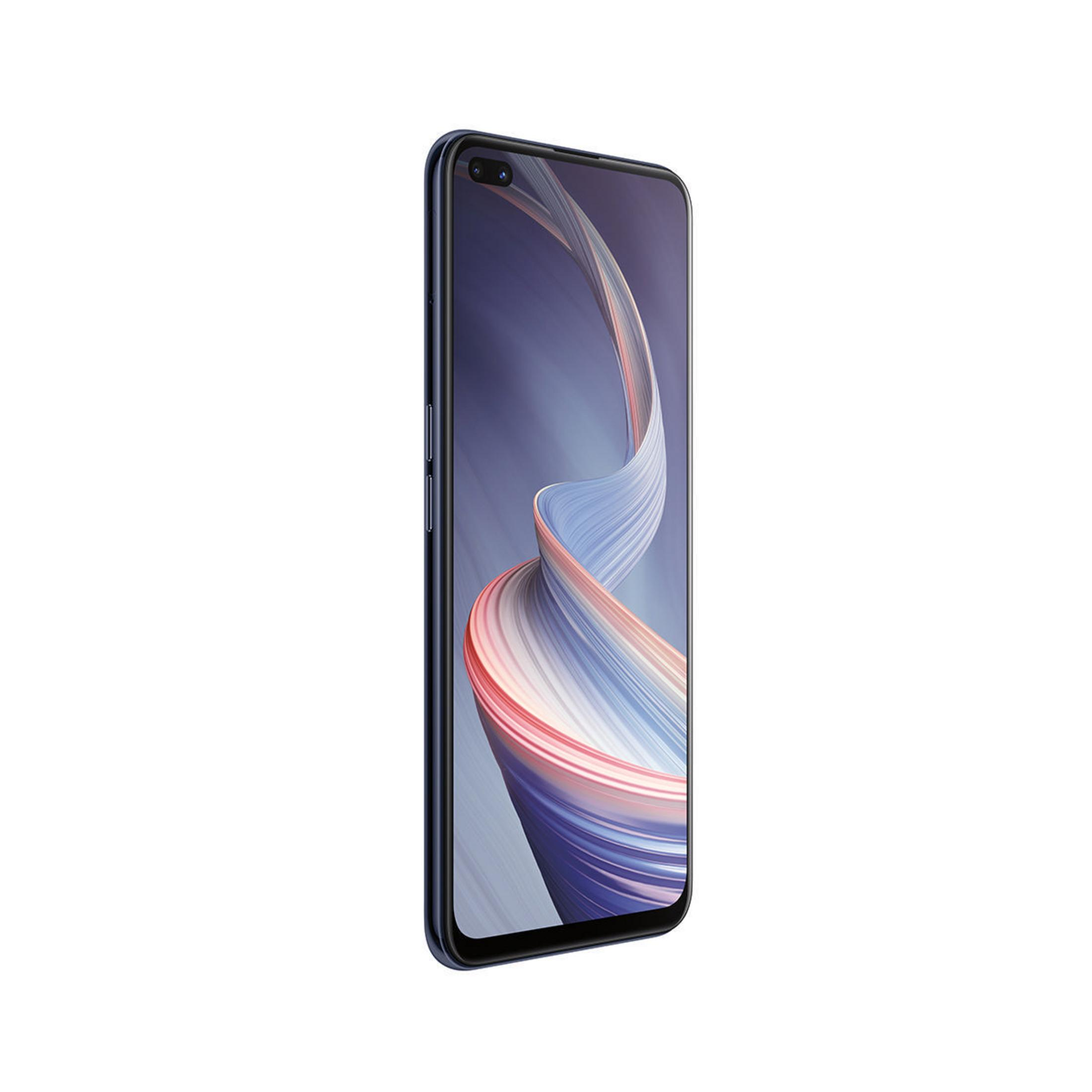 Smartfon pochylony w lewo, pokazujący abstrakcyjny wzór na ekranie. Białe tło.