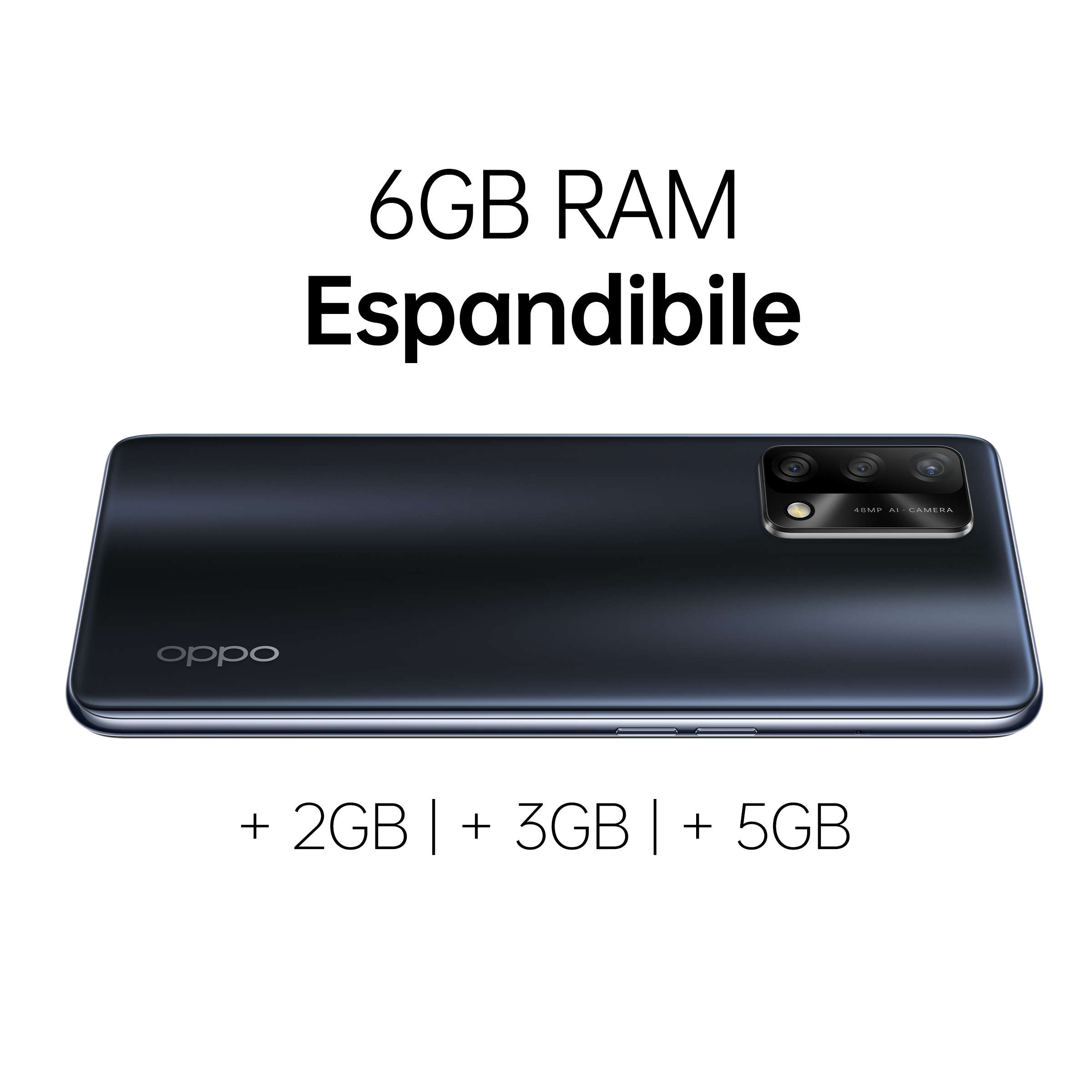 Schwarzes Telefon mit 3 Kameras. Text: 6 GB RAM erweiterbar, +2 GB | +3 GB | +5 GB. Oppo-Logo.