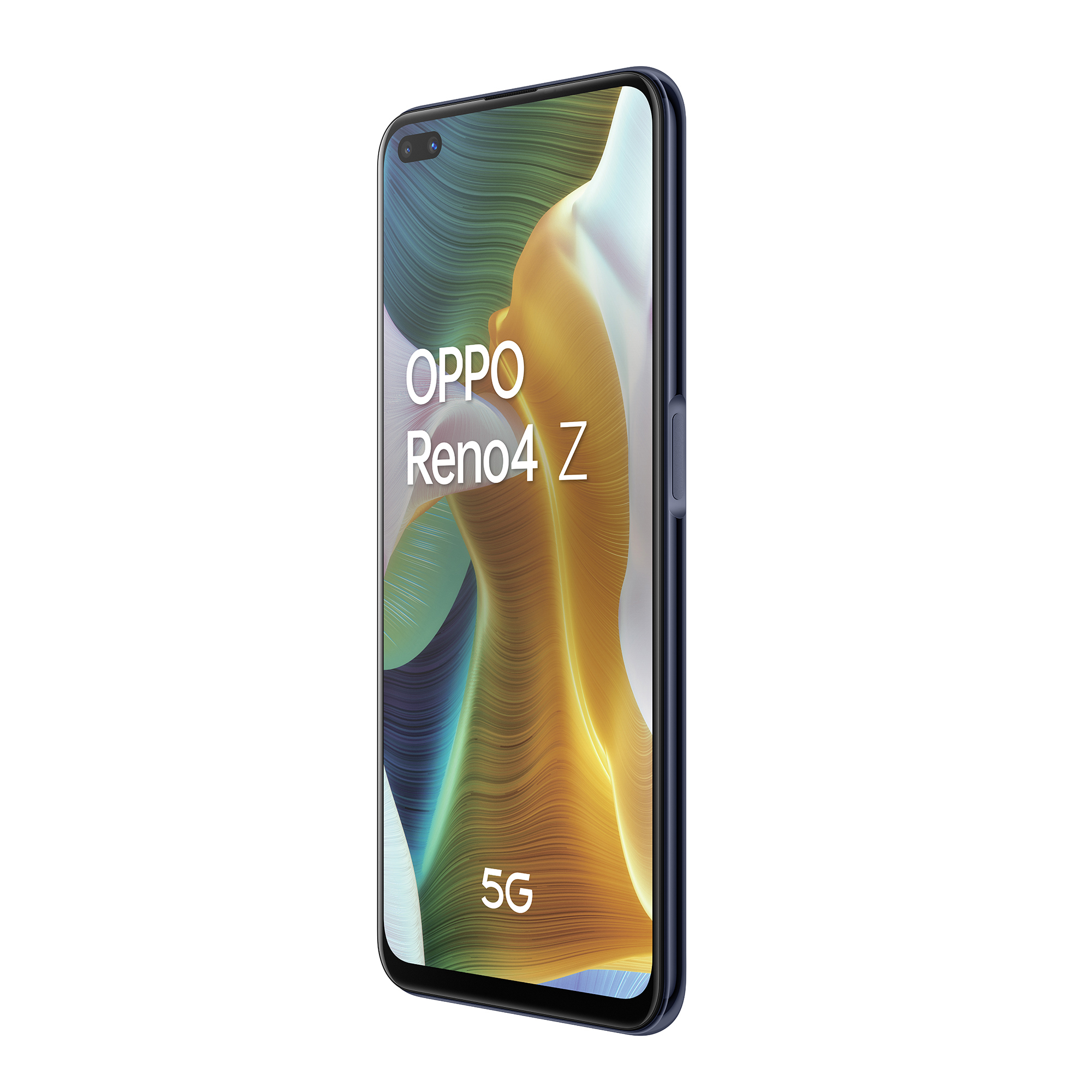 Smartfon Oppo Reno4 Z z wyświetlaczem pokazującym nazwę marki i 5G.