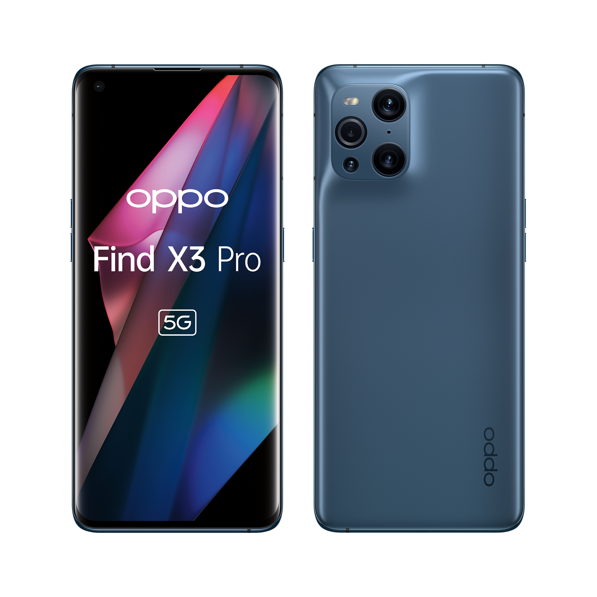 Dwa widoki telefonu Oppo Find X3 Pro. Telefon jest niebieski, pokazując ekran i tył.