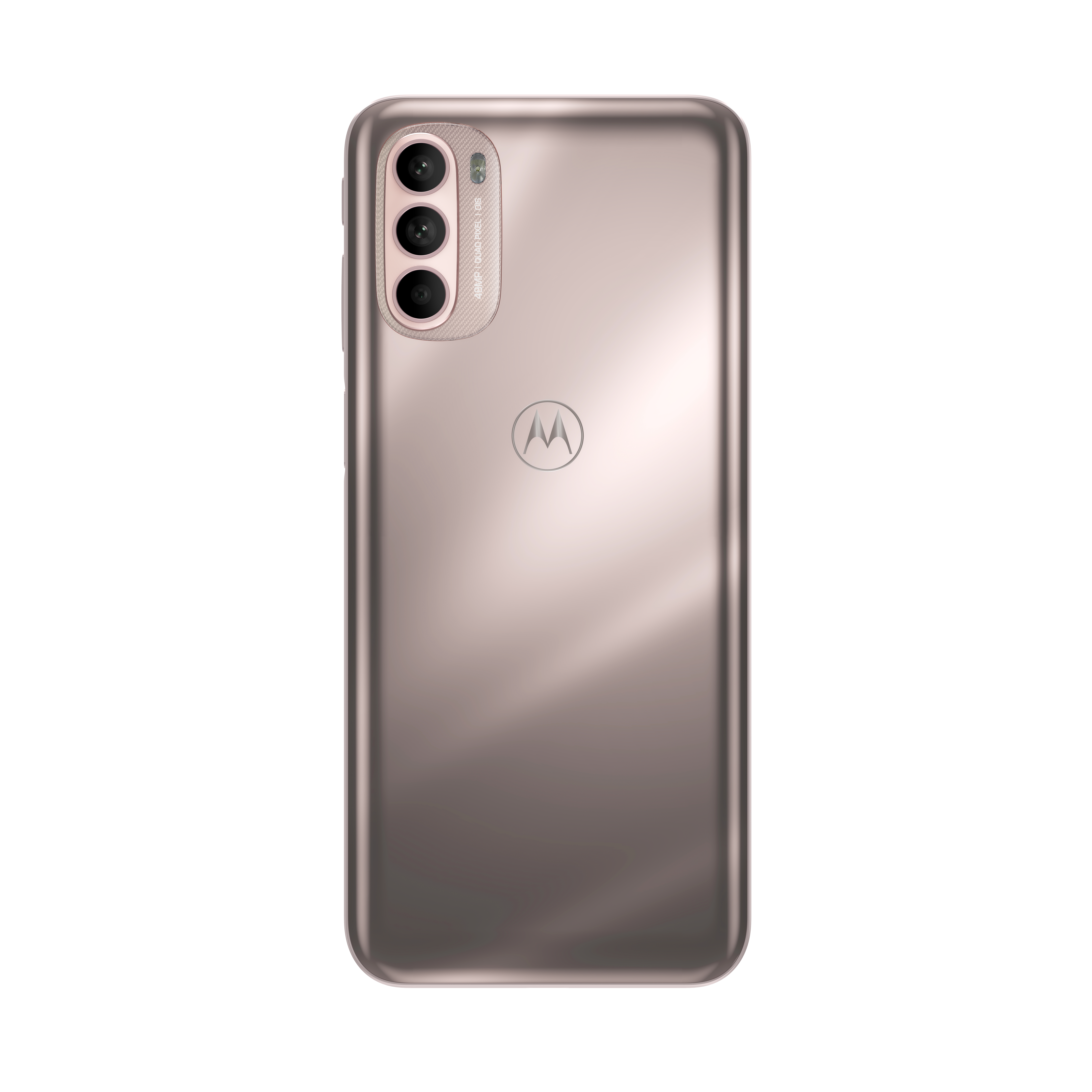 Rückansicht eines Motorola-Telefons mit rosagrauer Rückseite und Kameramodul.